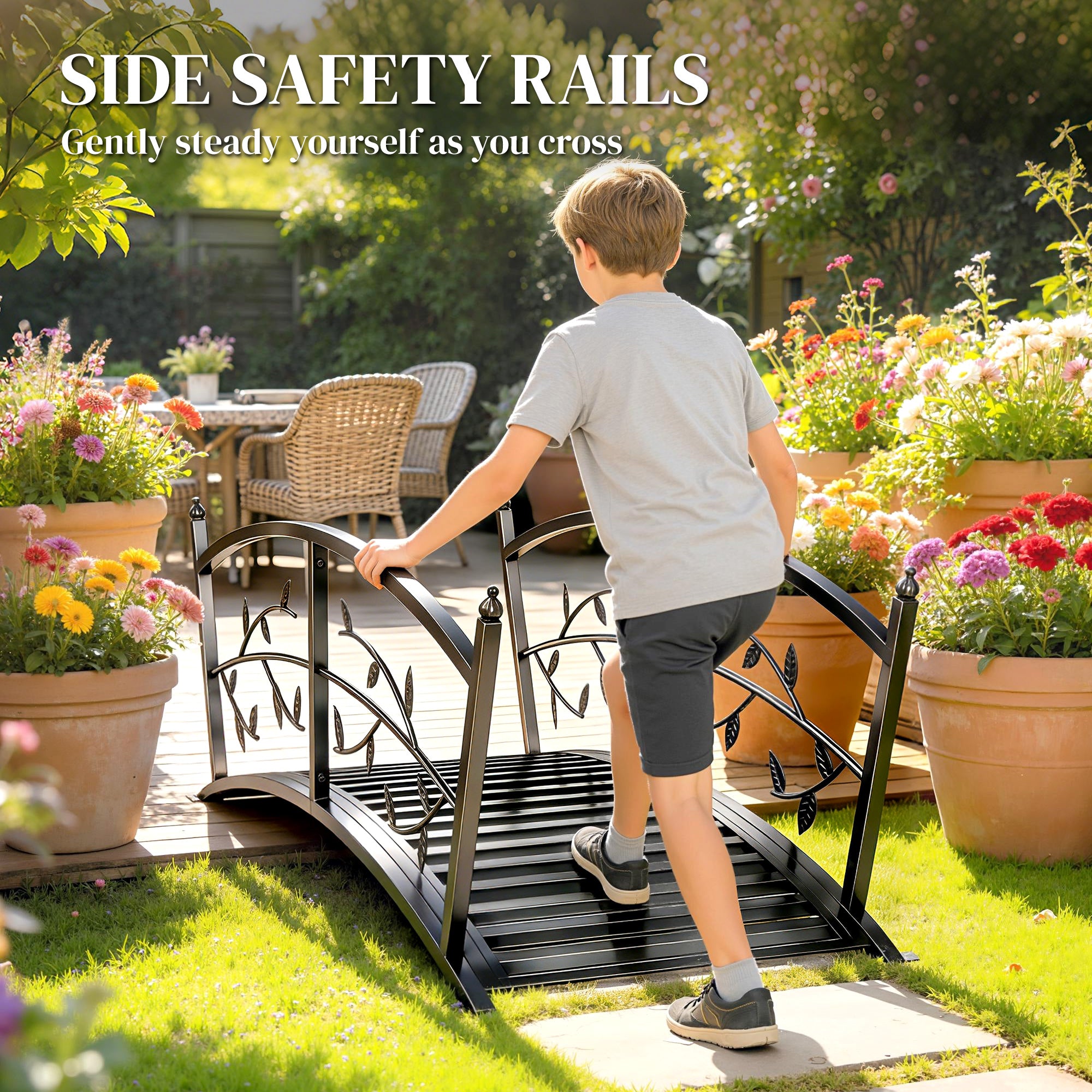 Metal Garden Bridge 120cm, Decorative Pond Bridge with Handrails, Vine Leaf Design, Powder-Coated Steel, Black