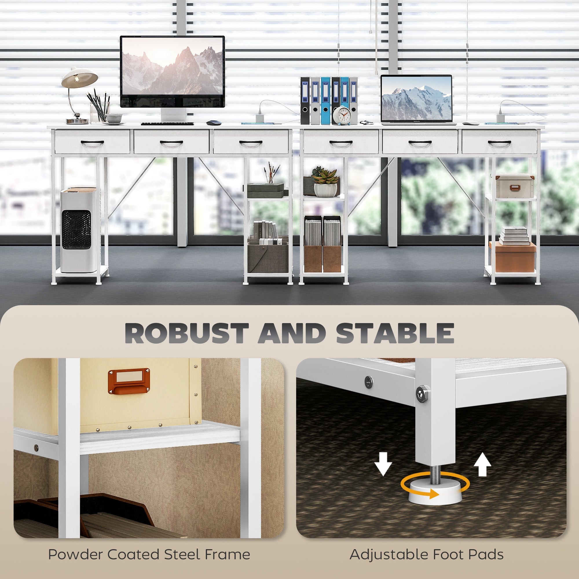Computer Desk with 2 USB Charging Ports and 2 Power Outlets, Desk with Storage 120 x 40 cm, Adjustable Shelves and 3 Fabric Drawers, Workstation, Steel Frame, White