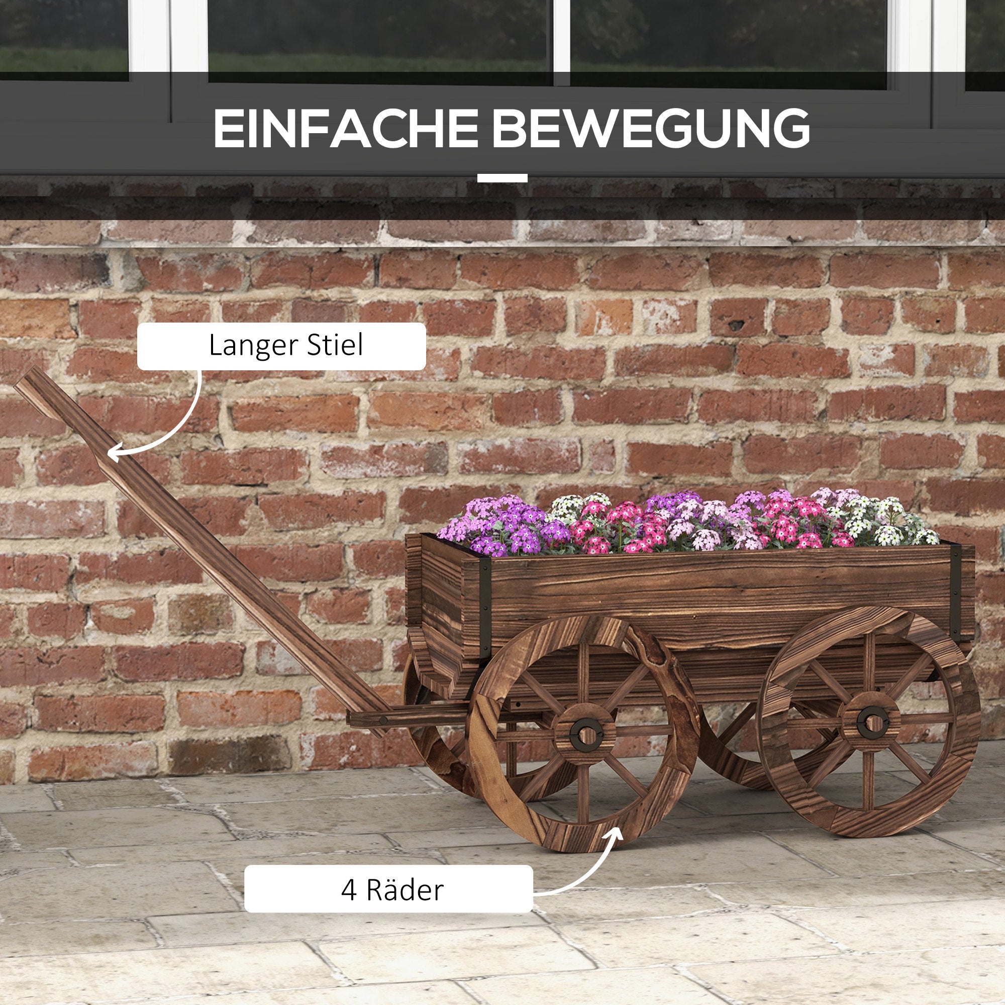Flower Box in Wagon Design, Plant Wagon with Handle, Plant Box, Flower Stand for Garden, Patio, Supports up to 30 kg, Charcoal, 120 x 41 x 54 cm