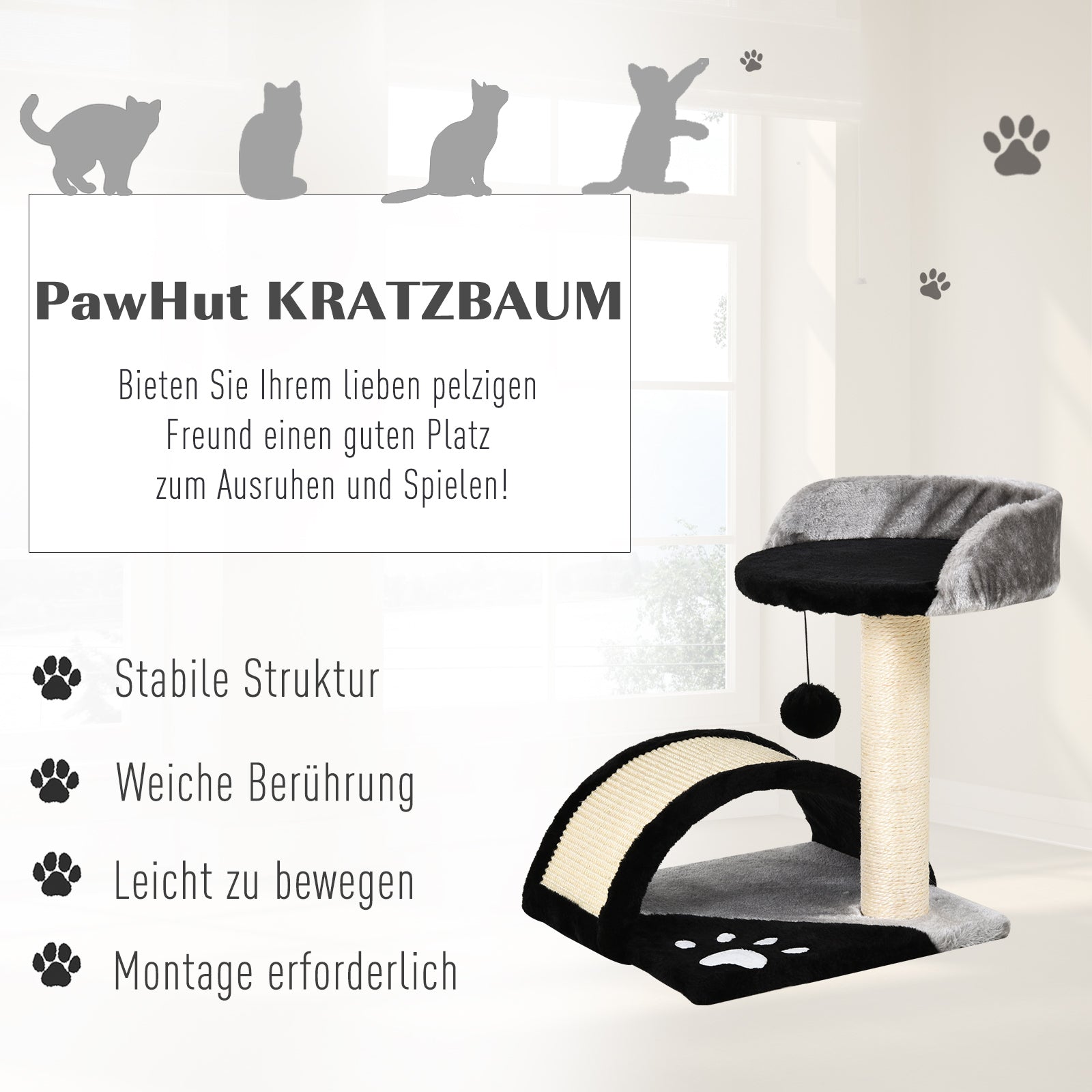 Cat Tree Scratching Post with Play Balls Cat Scratching Tree Sisal Scratching Posts Black 35.5 x 37 x 46 cm