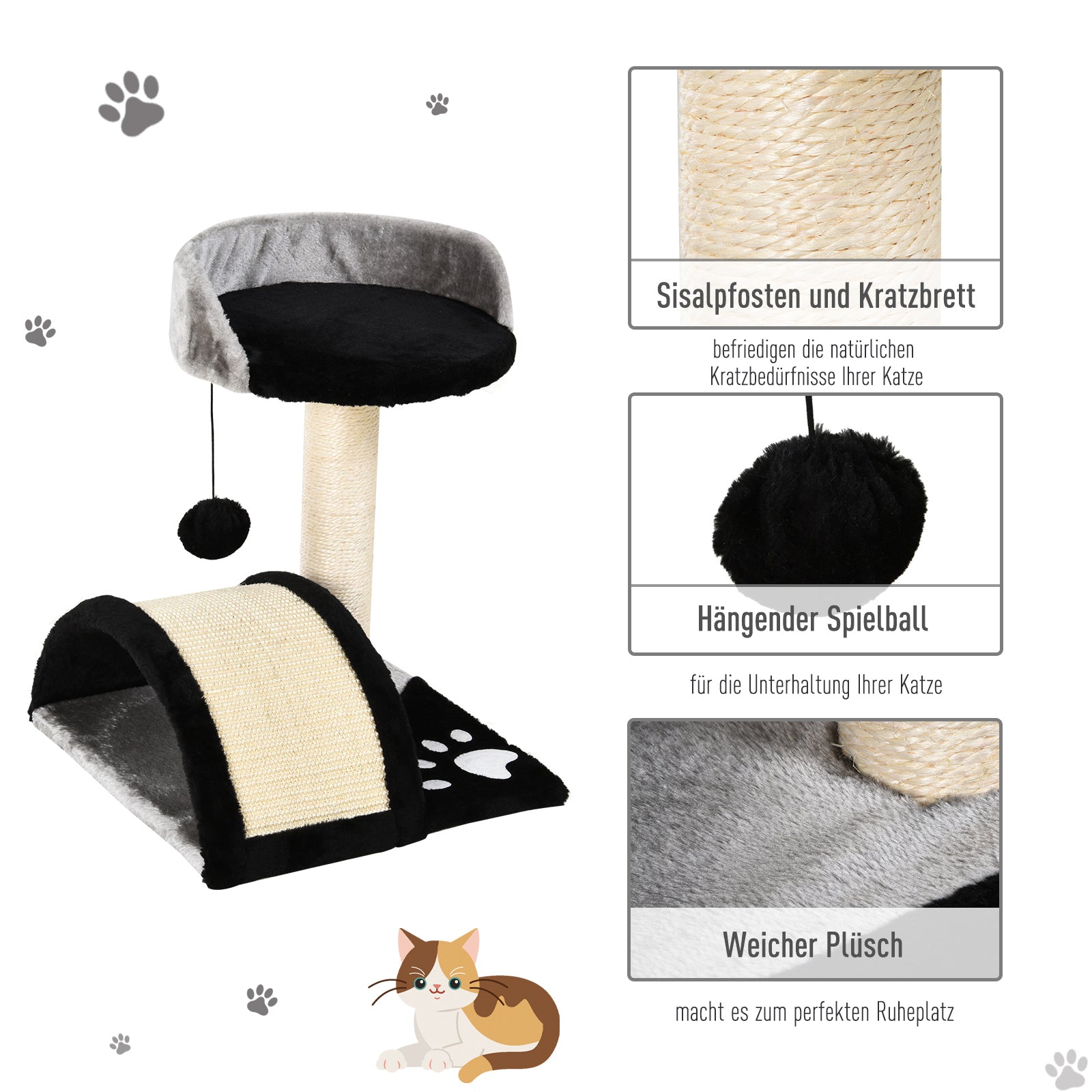 Cat Tree Scratching Post with Play Balls Cat Scratching Tree Sisal Scratching Posts Black 35.5 x 37 x 46 cm
