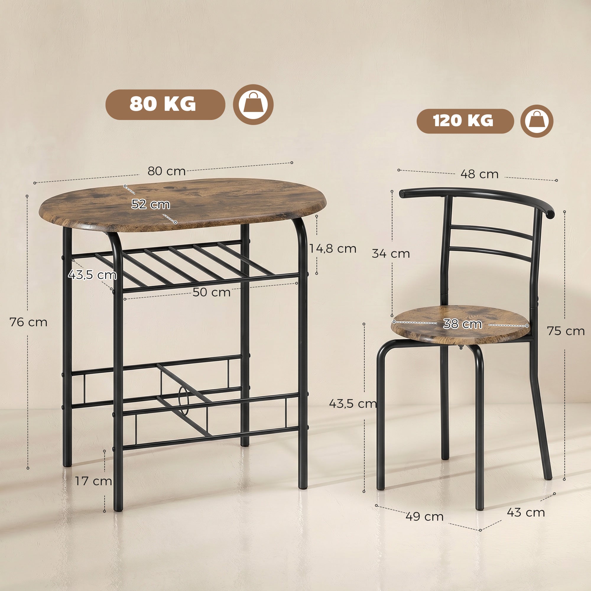 3-Piece Dining Set – 31.5 in Table with 2 Chairs & Shelf, Rustic Brown, Ideal for Small Spaces