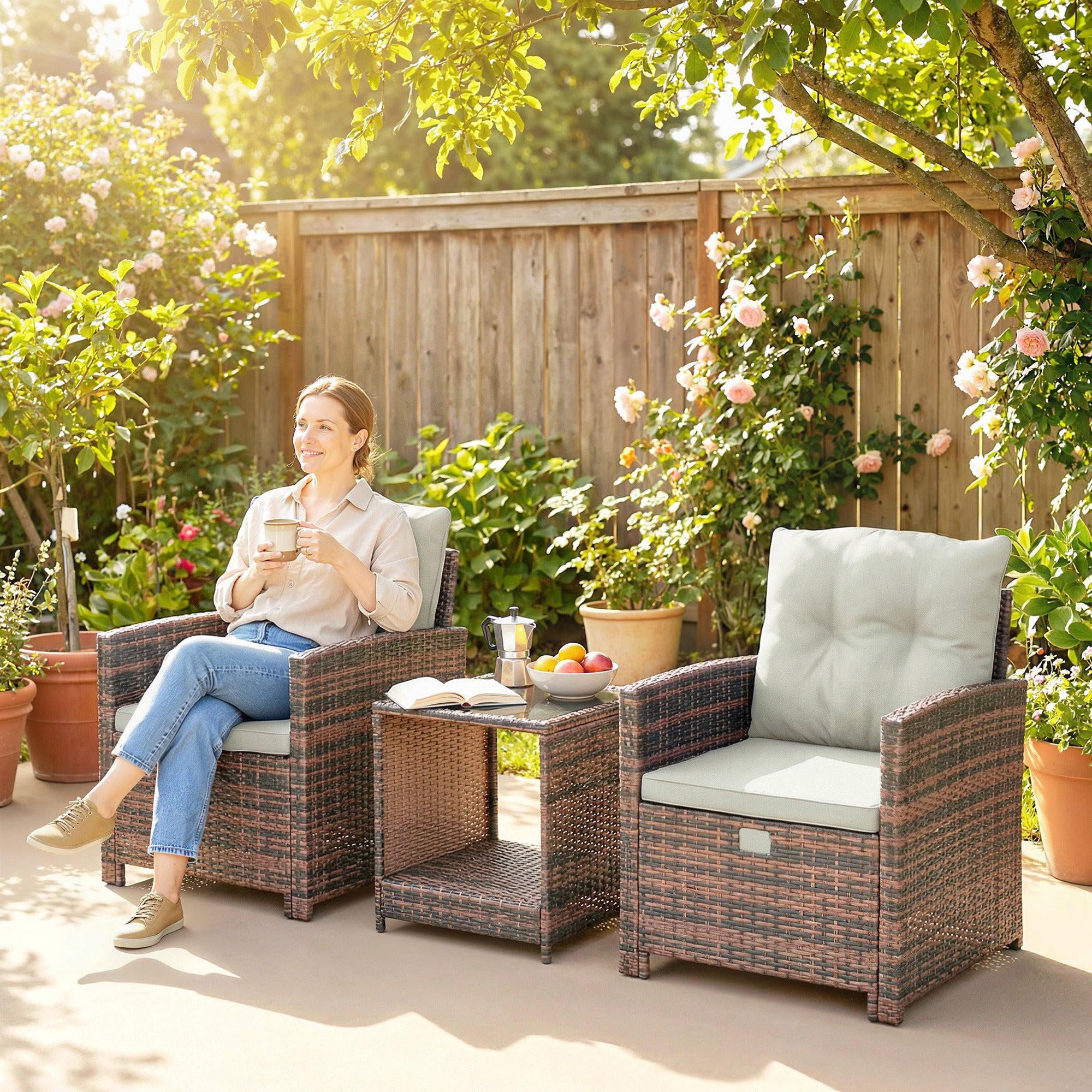 5-Piece Rattan Patio Set — 2 Space-Saving Footstools, 2 Armchairs, 2-Tier Coffee Table with Cushions — Brown/Cream