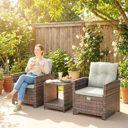 5-Piece Rattan Patio Set — 2 Space-Saving Footstools, 2 Armchairs, 2-Tier Coffee Table with Cushions — Brown/Cream