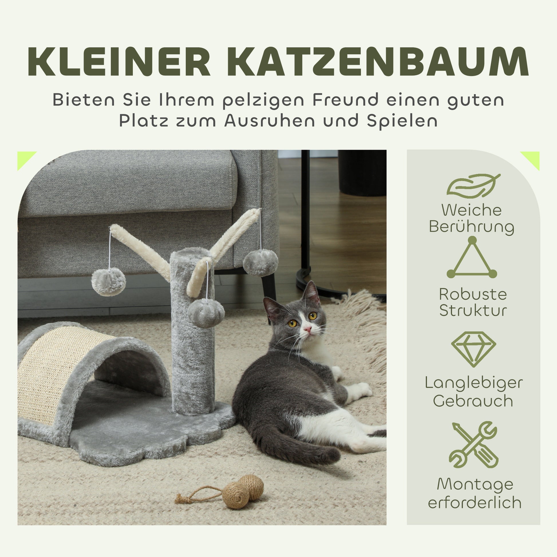 40cm Cat Scratching Post Small Cat Tower with Cave, 2 Play Balls, Scratching Mat, Cat Scratching Tree, Climbing Tree, for Small & Large Cats, Light Gray
