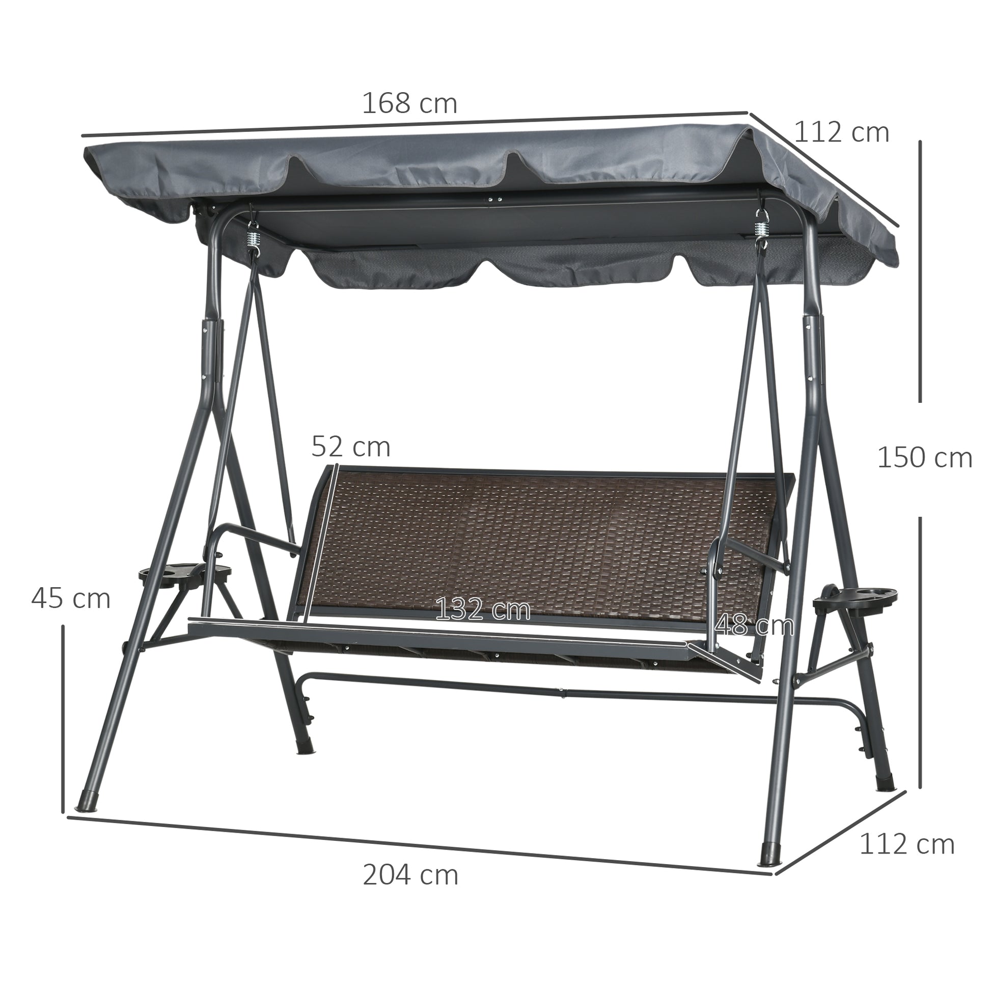 3-seater garden swing with adjustable roof, cup holders, ergonomic seat and backrest in dark gray and brown PE resin wicker steel frame and polyester