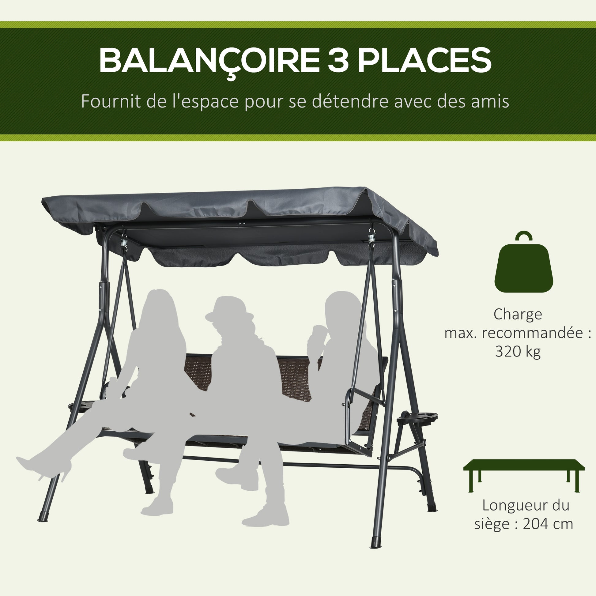 3-seater garden swing with adjustable roof, cup holders, ergonomic seat and backrest in dark gray and brown PE resin wicker steel frame and polyester