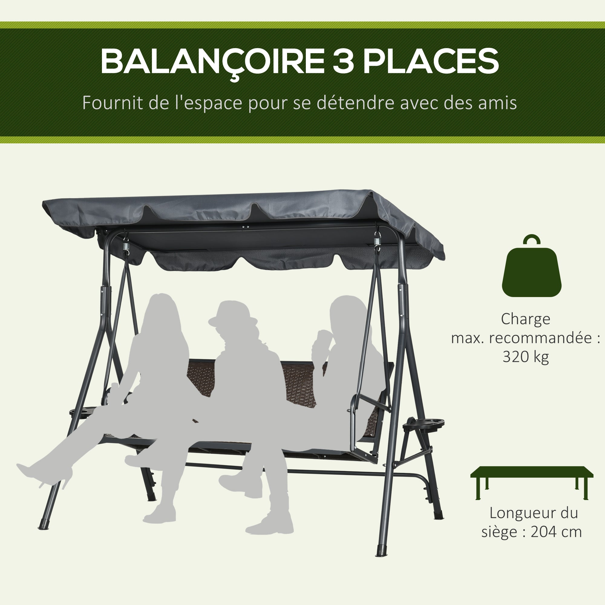3-seater garden swing with adjustable roof, cup holders, ergonomic seat and backrest in dark gray and brown PE resin wicker steel frame and polyester