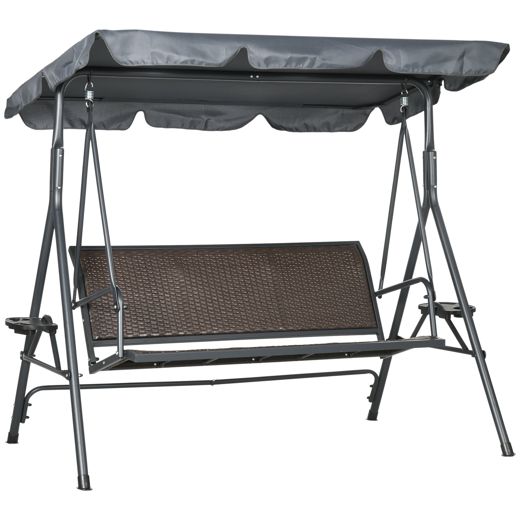 3-seater garden swing with adjustable roof, cup holders, ergonomic seat and backrest in dark gray and brown PE resin wicker steel frame and polyester
