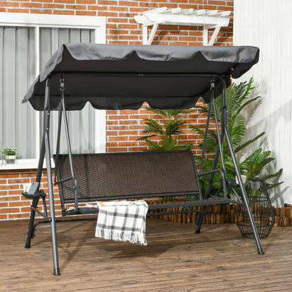 3-seater garden swing with adjustable roof, cup holders, ergonomic seat and backrest in dark gray and brown PE resin wicker steel frame and polyester