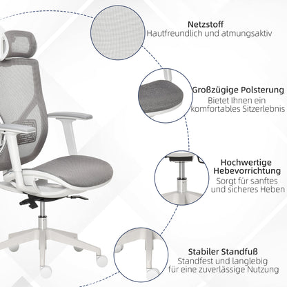 Office Chair Desk Chair Gaming Chair with Headrest Lumbar Pillow 3D Armrest 3 Levels 360° Swivel Wheels Height Adjustable Ergonomic Mesh Fabric Foam Grey 67 x 65 x 120-128 cm