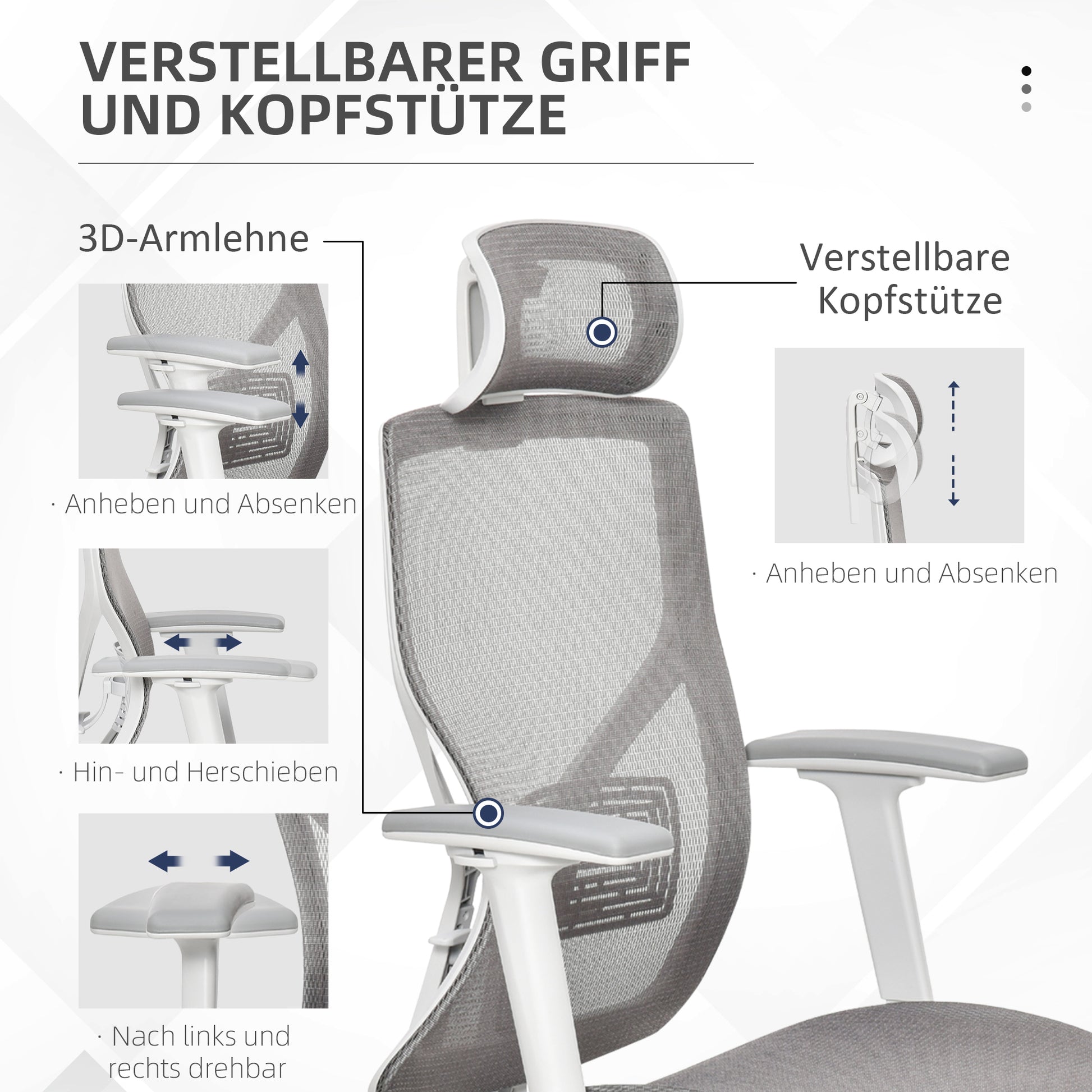 Office Chair Desk Chair Gaming Chair with Headrest Lumbar Pillow 3D Armrest 3 Levels 360° Swivel Wheels Height Adjustable Ergonomic Mesh Fabric Foam Grey 67 x 65 x 120-128 cm