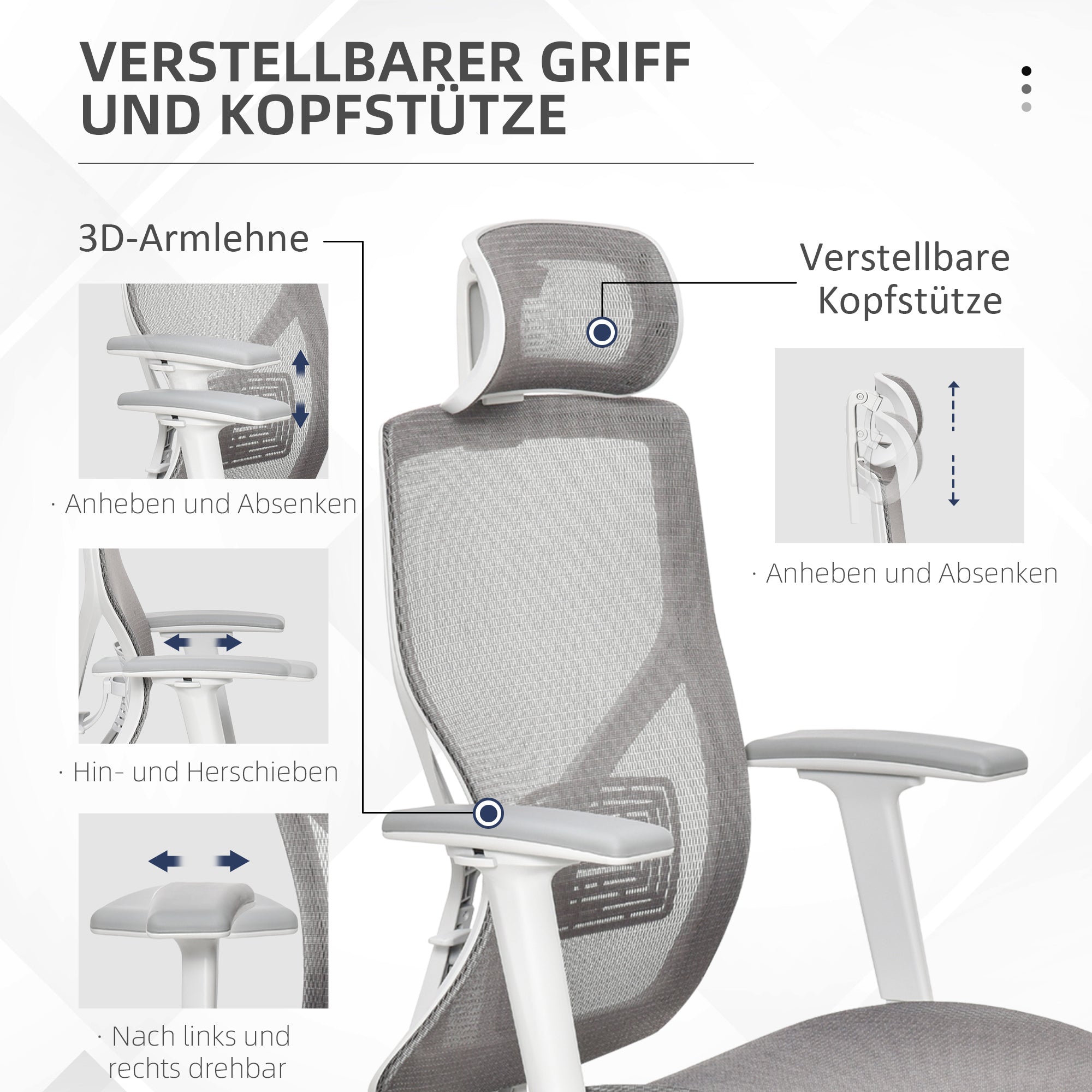 Office Chair Desk Chair Gaming Chair with Headrest Lumbar Pillow 3D Armrest 3 Levels 360° Swivel Wheels Height Adjustable Ergonomic Mesh Fabric Foam Grey 67 x 65 x 120-128 cm