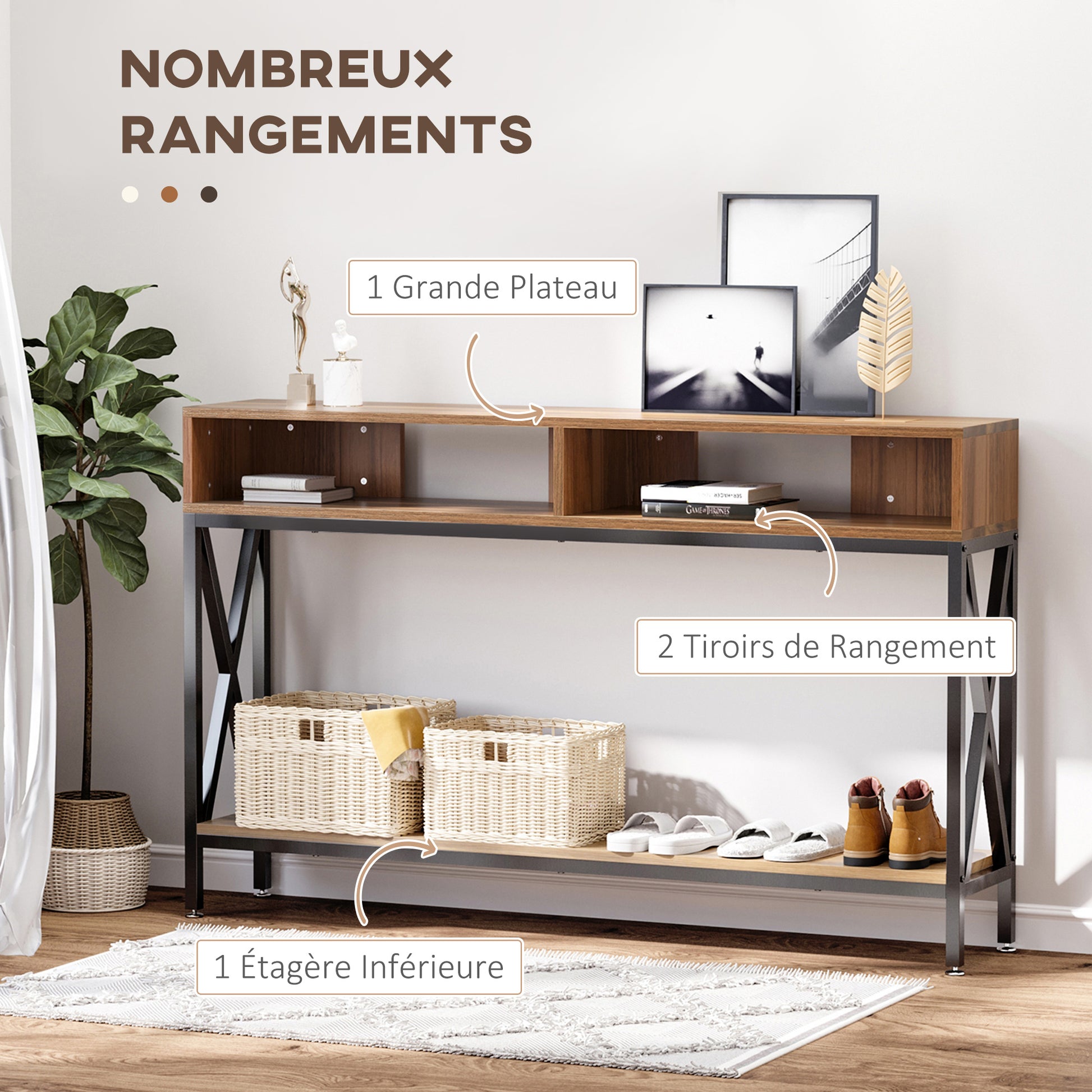 Industrial Multi-storage Entryway Console Table 120 x 23.5 x 75 cm Walnut Wood