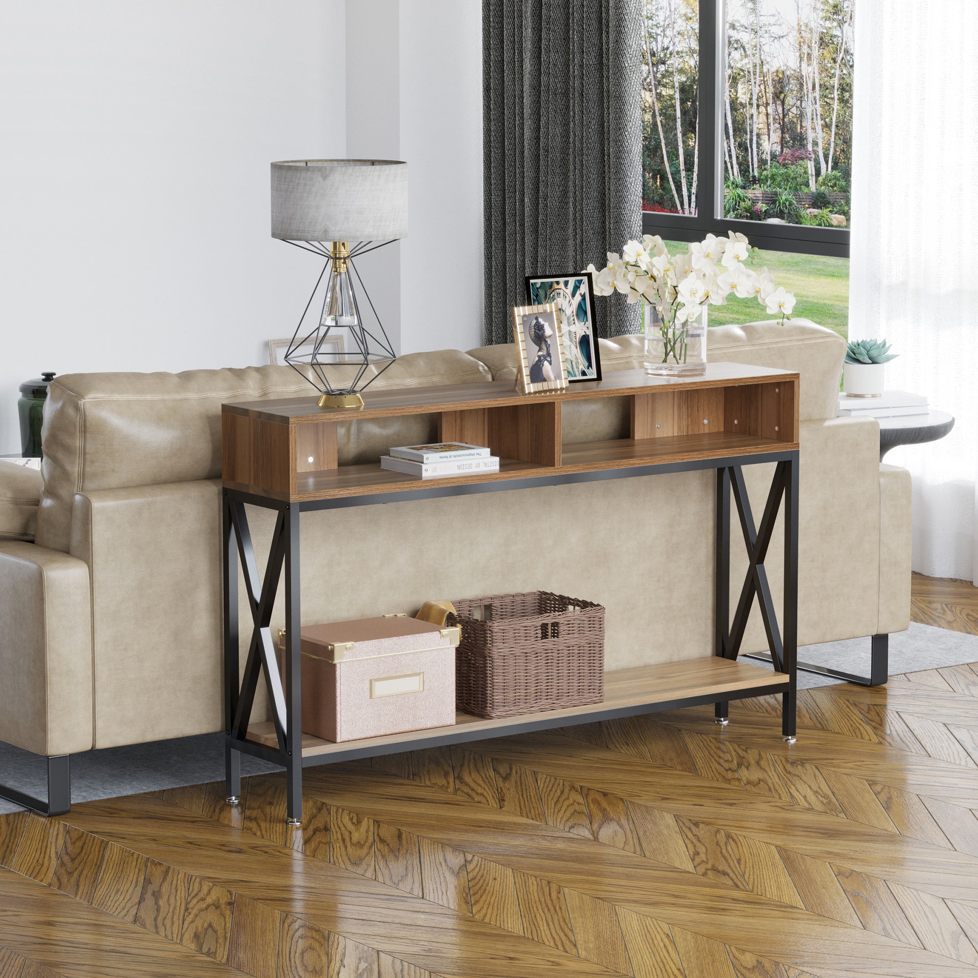 Industrial Multi-storage Entryway Console Table 120 x 23.5 x 75 cm Walnut Wood