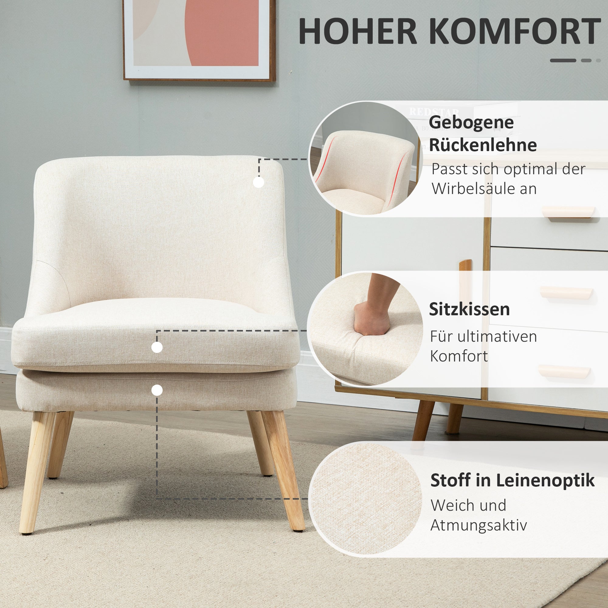 Lounge Chair with Linen Look, Armrest, Padded Recliner with Wooden Legs, for Living Room, Bedroom, Cream White