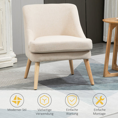 Lounge Chair with Linen Look, Armrest, Padded Recliner with Wooden Legs, for Living Room, Bedroom, Cream White