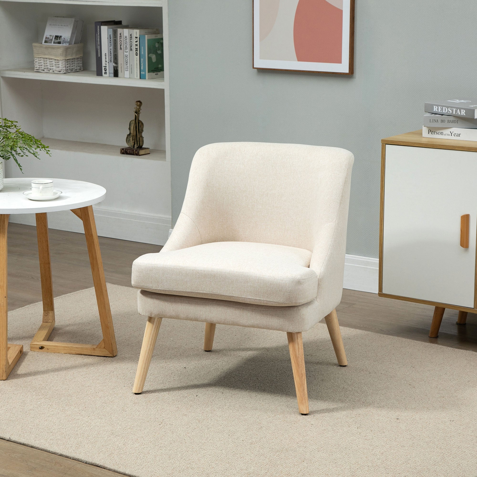 Lounge Chair with Linen Look, Armrest, Padded Recliner with Wooden Legs, for Living Room, Bedroom, Cream White
