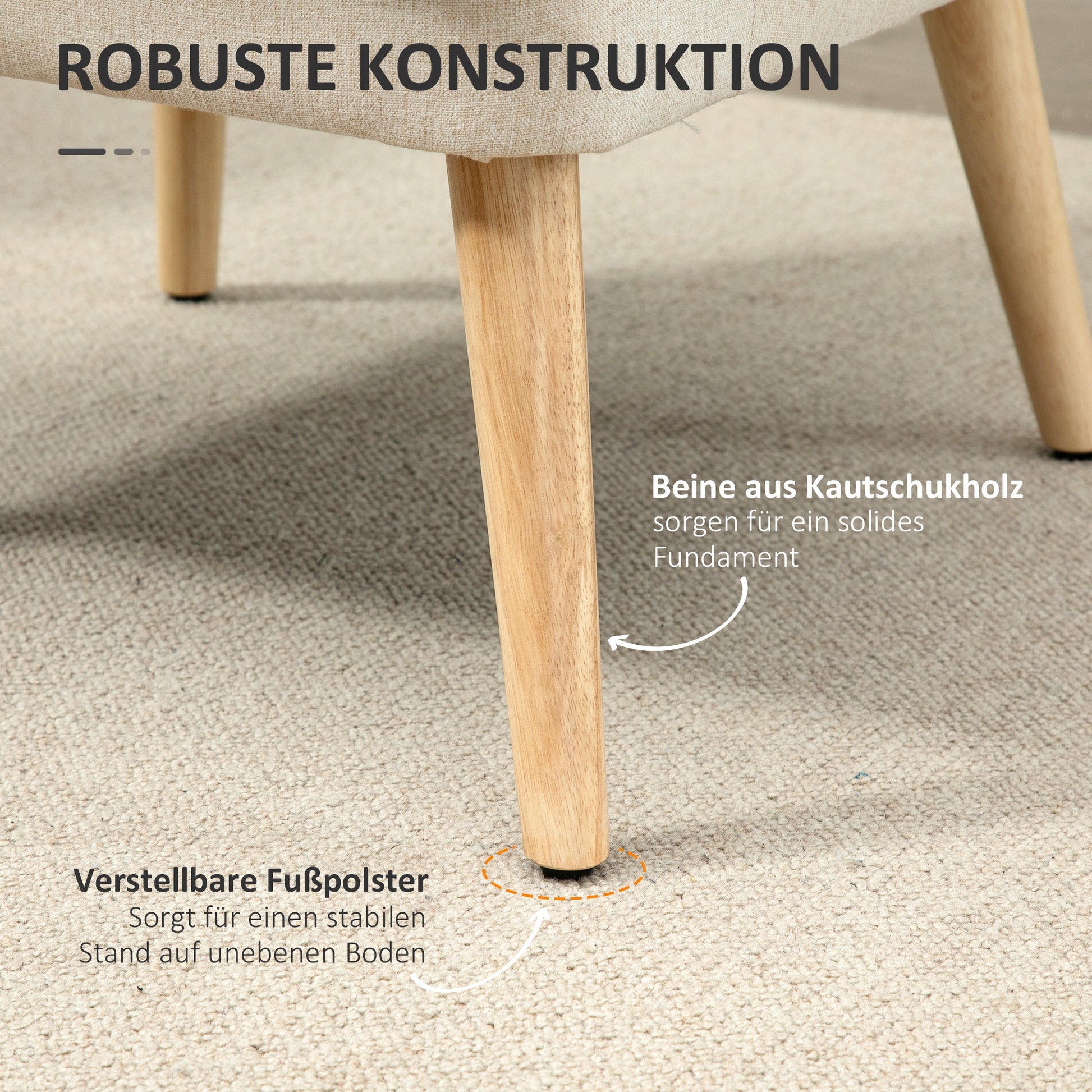 Lounge Chair with Linen Look, Armrest, Padded Recliner with Wooden Legs, for Living Room, Bedroom, Cream White