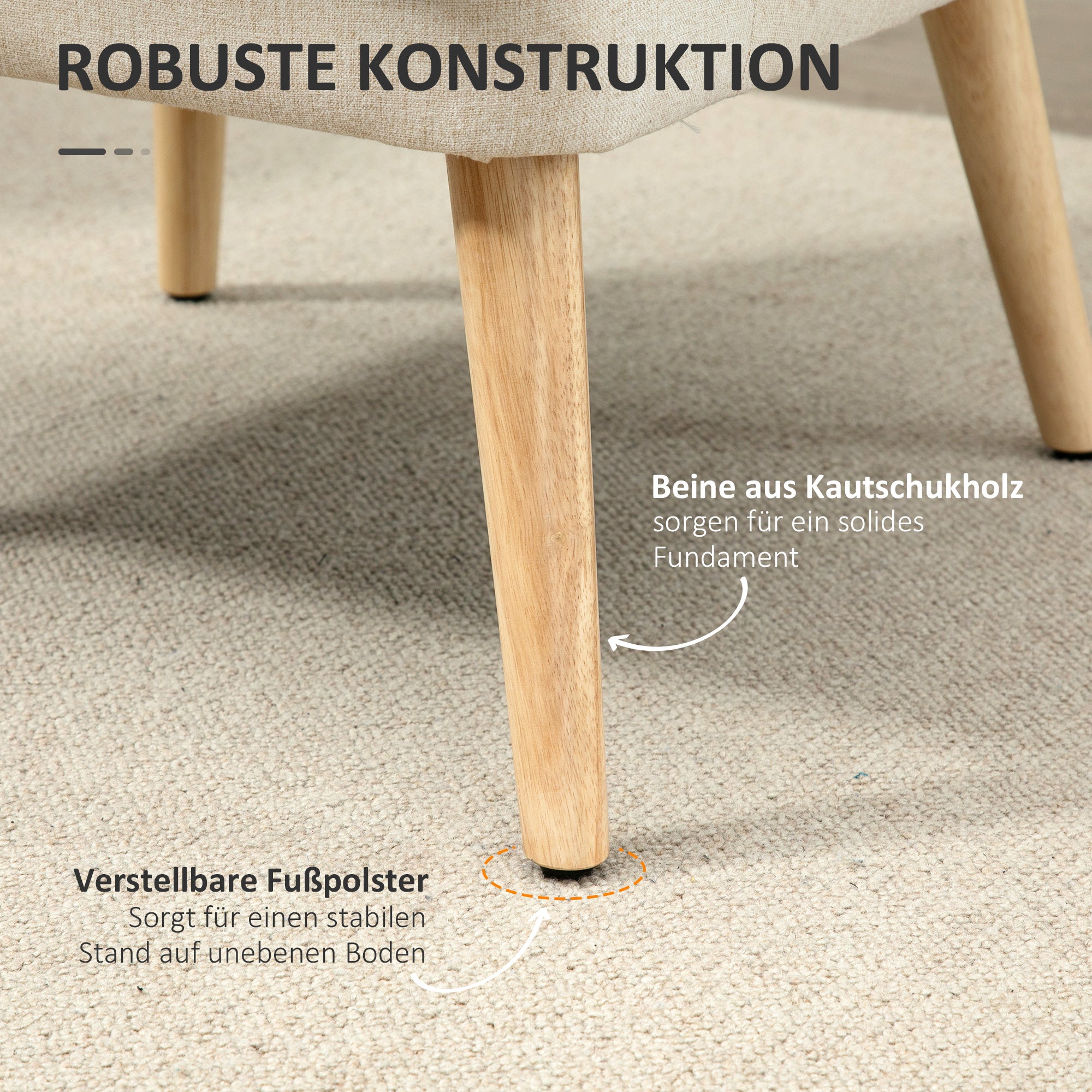 Lounge Chair with Linen Look, Armrest, Padded Recliner with Wooden Legs, for Living Room, Bedroom, Cream White