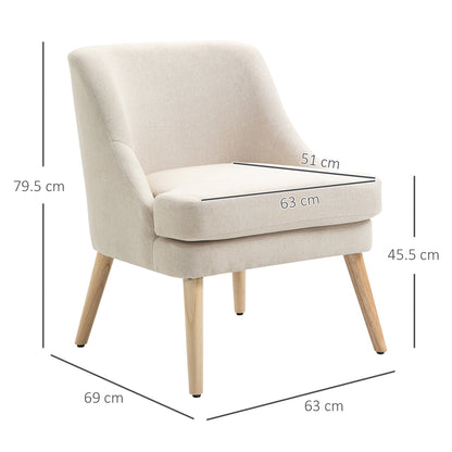 Lounge Chair with Linen Look, Armrest, Padded Recliner with Wooden Legs, for Living Room, Bedroom, Cream White