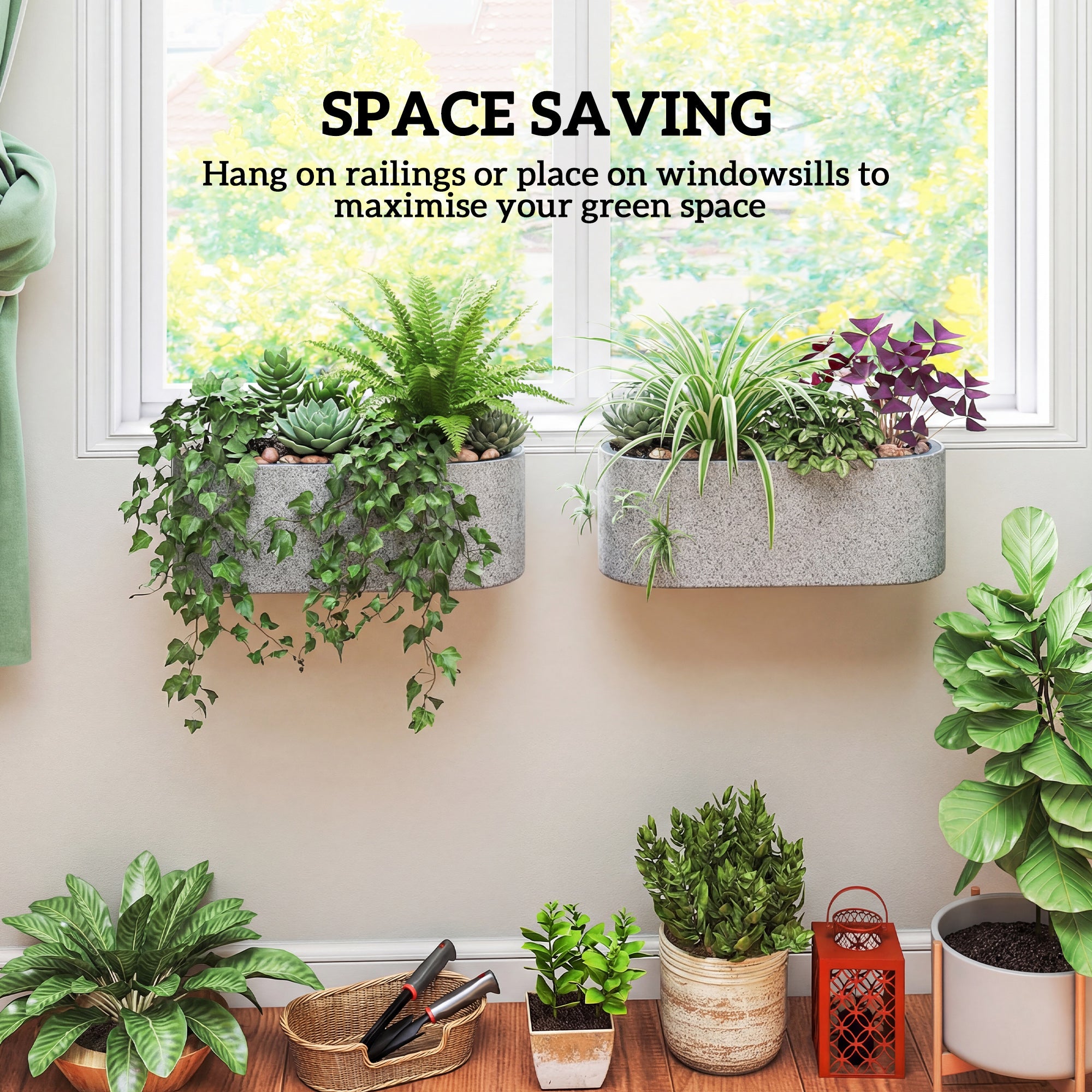 2-Pack Hanging Oval Planters with Self-Watering System, Drain Plug & Hooks — 42 x 16 x 15 cm (16.5 x 6.3 x 5.9 in), Light Gray