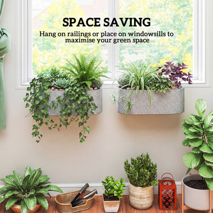2-Pack Hanging Oval Planters with Self-Watering System, Drain Plug & Hooks — 42 x 16 x 15 cm (16.5 x 6.3 x 5.9 in), Light Gray