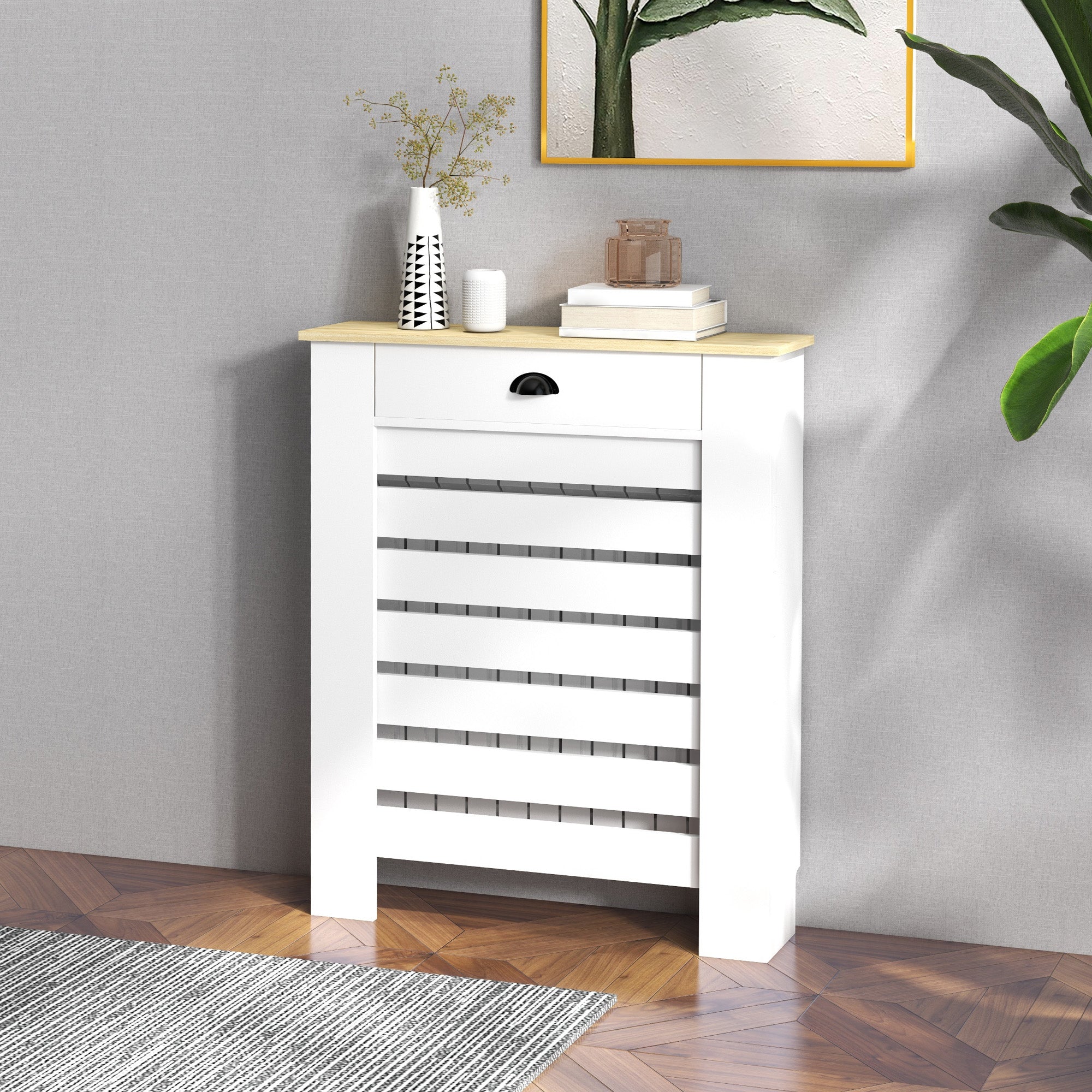 Radiator Cover, Radiator Cabinet, Horizontal Slatted Grill, with Drawer, for Living Room, Bedroom, Hallway, Wood, 78 x 19 x 95.5 cm, White