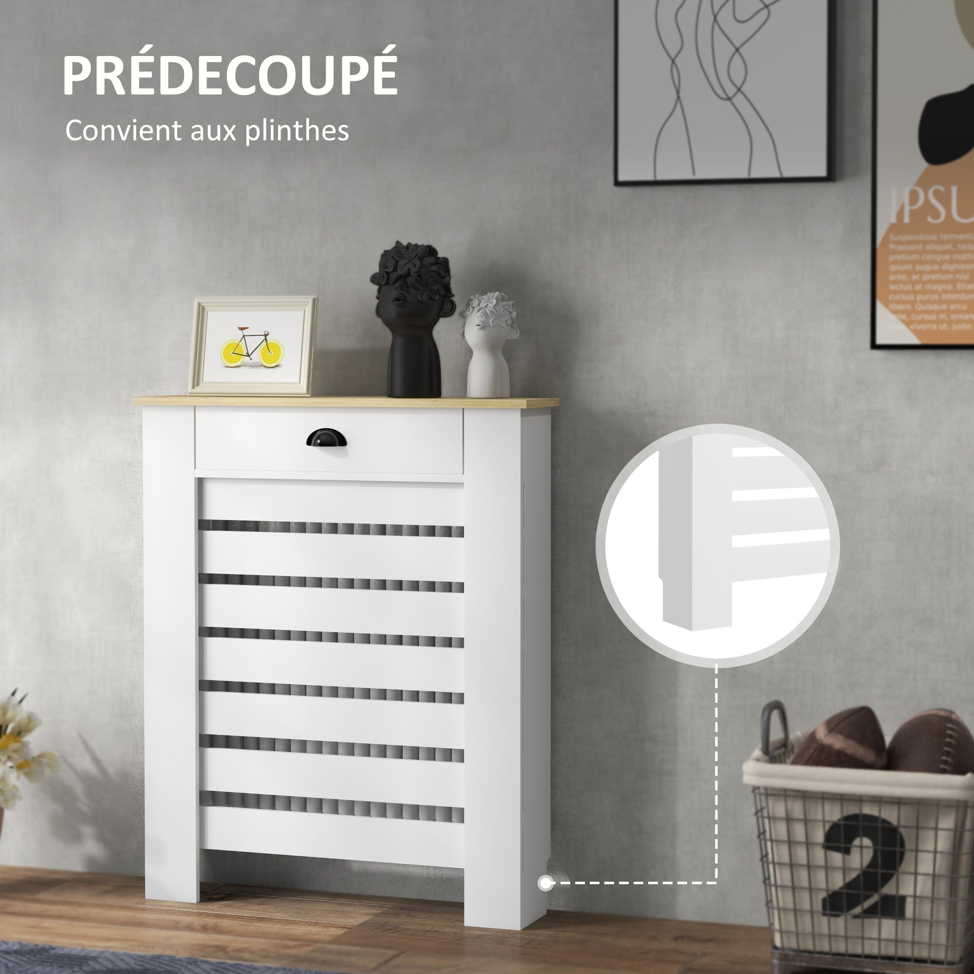 Radiator Cover, Radiator Cabinet, Horizontal Slatted Grill, with Drawer, for Living Room, Bedroom, Hallway, Wood, 78 x 19 x 95.5 cm, White