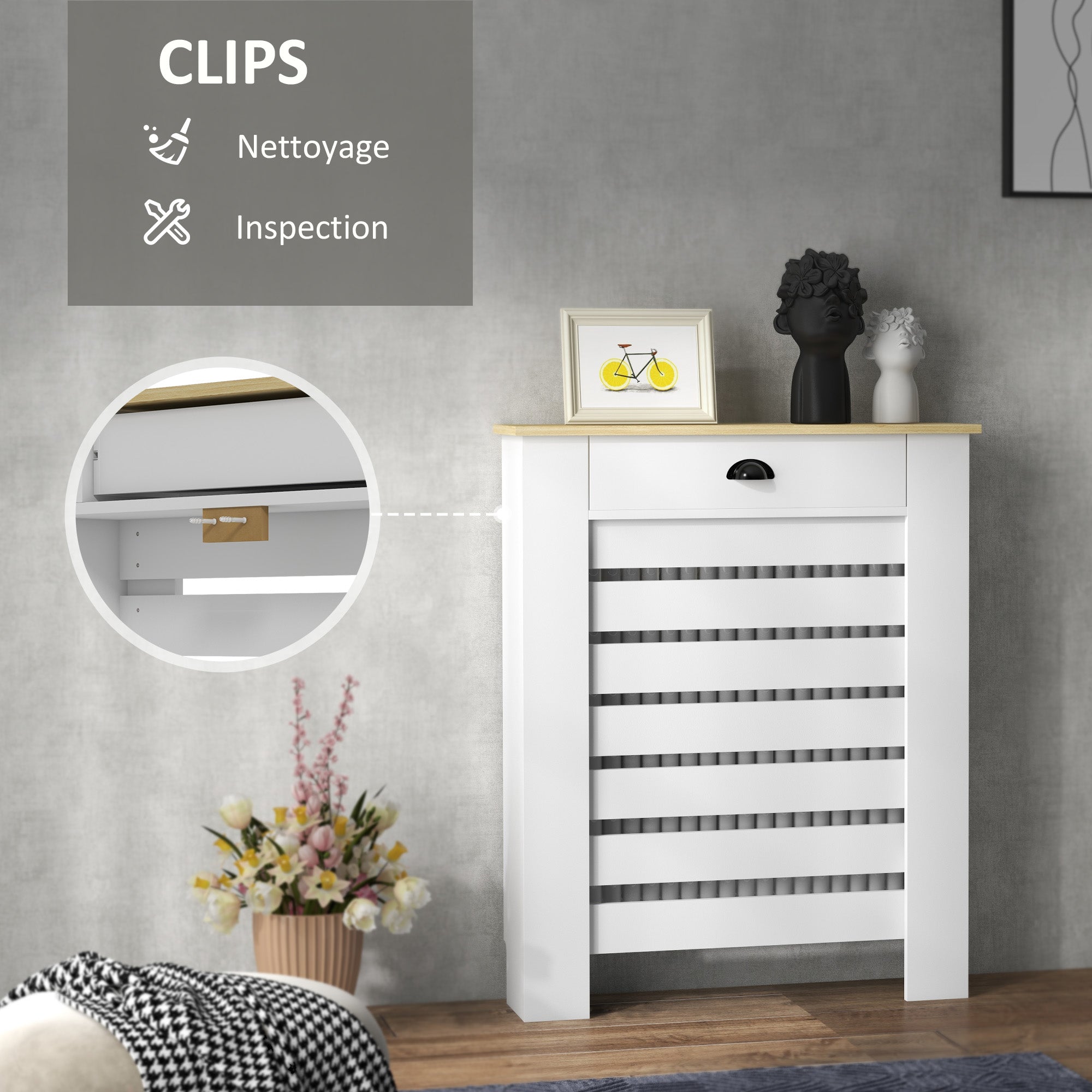 Radiator Cover, Radiator Cabinet, Horizontal Slatted Grill, with Drawer, for Living Room, Bedroom, Hallway, Wood, 78 x 19 x 95.5 cm, White
