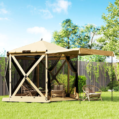 3.0 m x 2.6 m Hexagonal Pavilion with Floor Mat, Mesh Side Panels & Carry Bag — Waterproof, UV-Resistant Party Tent for Garden & Patio, Khaki