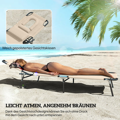 Folding Sun Lounger with Face Hole and Head Pillow — 4-Position Adjustable, Weatherproof, Up to 265 lb (Beige)