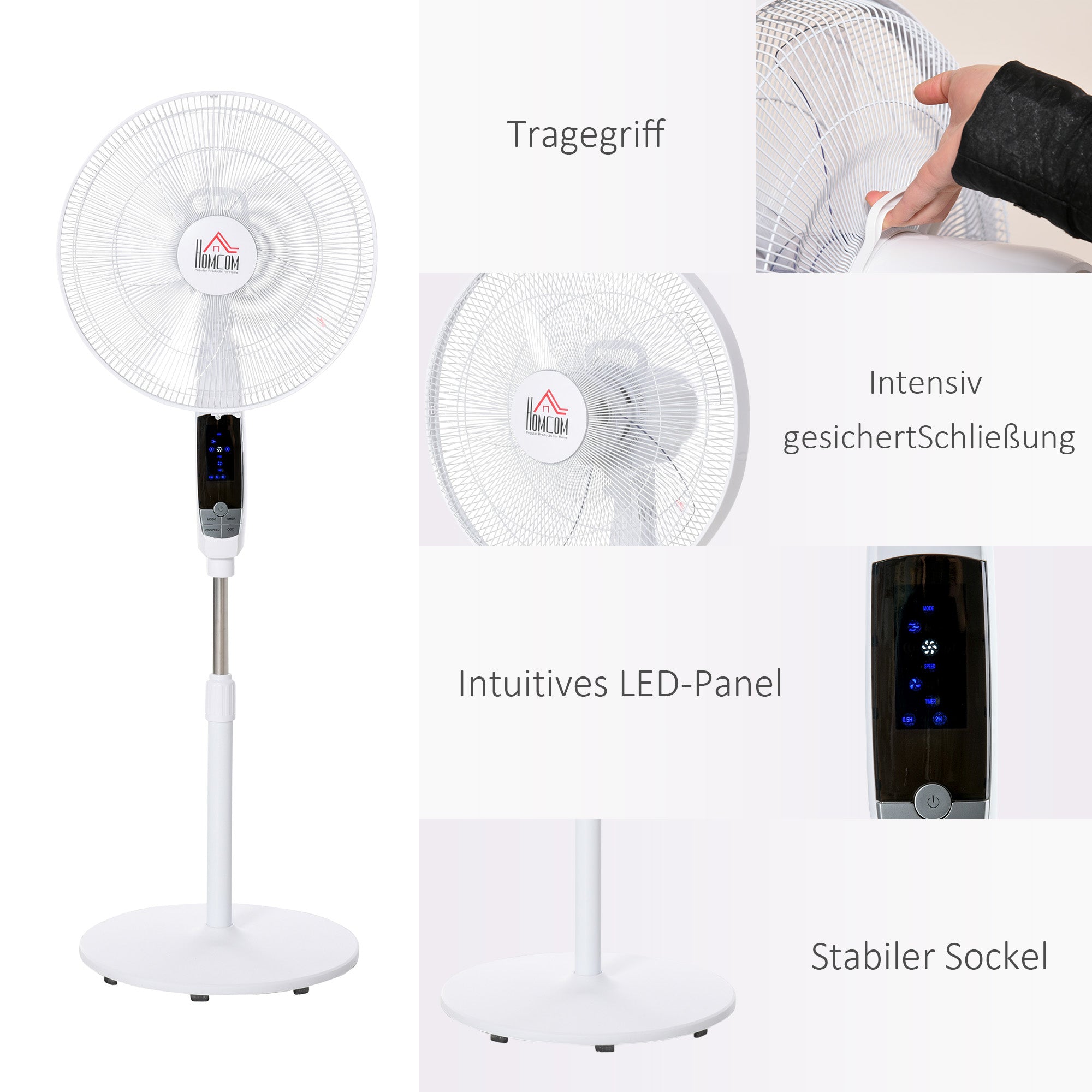 Standing Fan 138 cm Fan with 7.5h Timer remote control adjustable height Fan with LED Display 3 Speeds Steel White