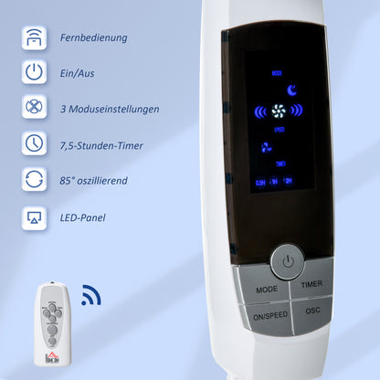 Standing Fan 138 cm Fan with 7.5h Timer remote control adjustable height Fan with LED Display 3 Speeds Steel White