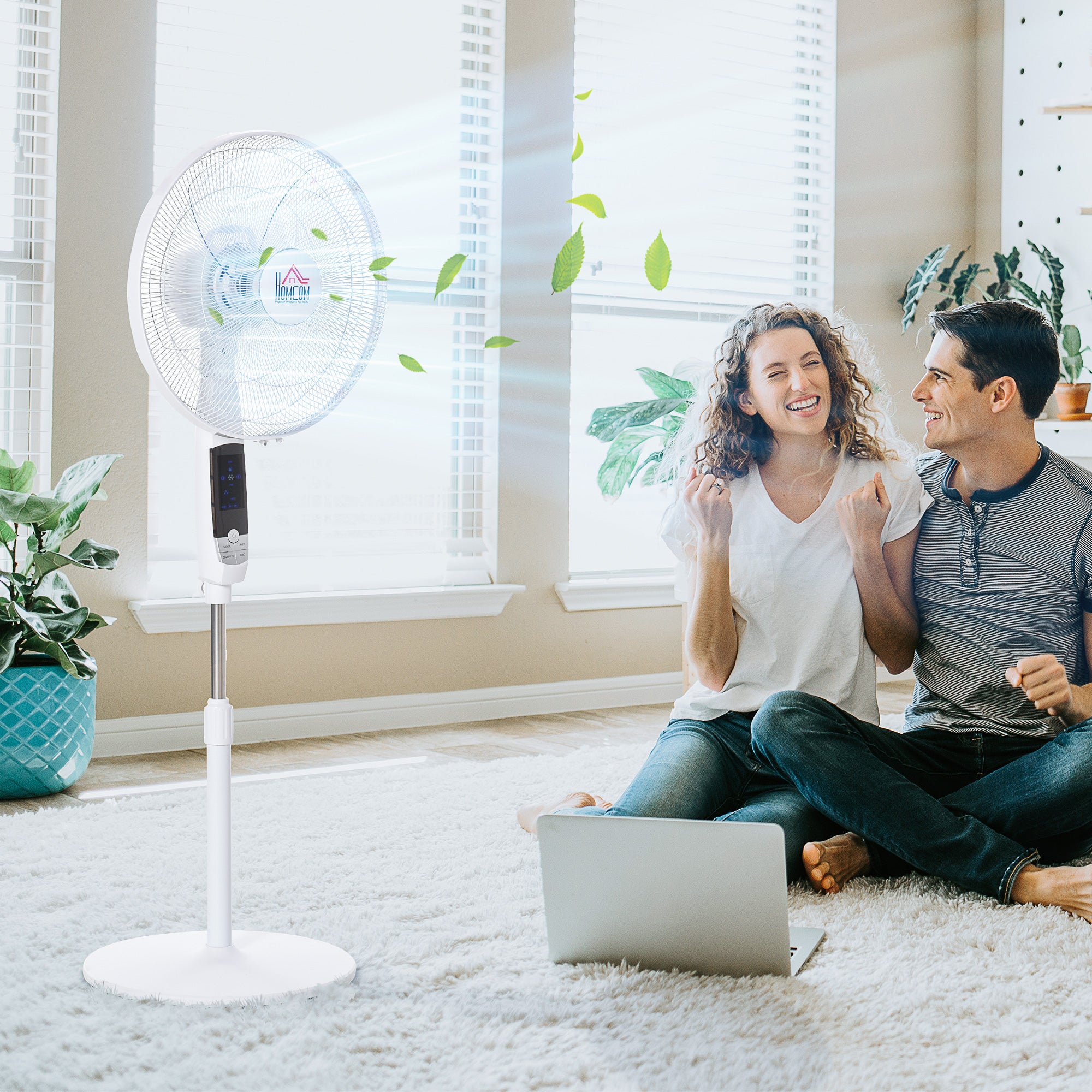Standing Fan 138 cm Fan with 7.5h Timer remote control adjustable height Fan with LED Display 3 Speeds Steel White
