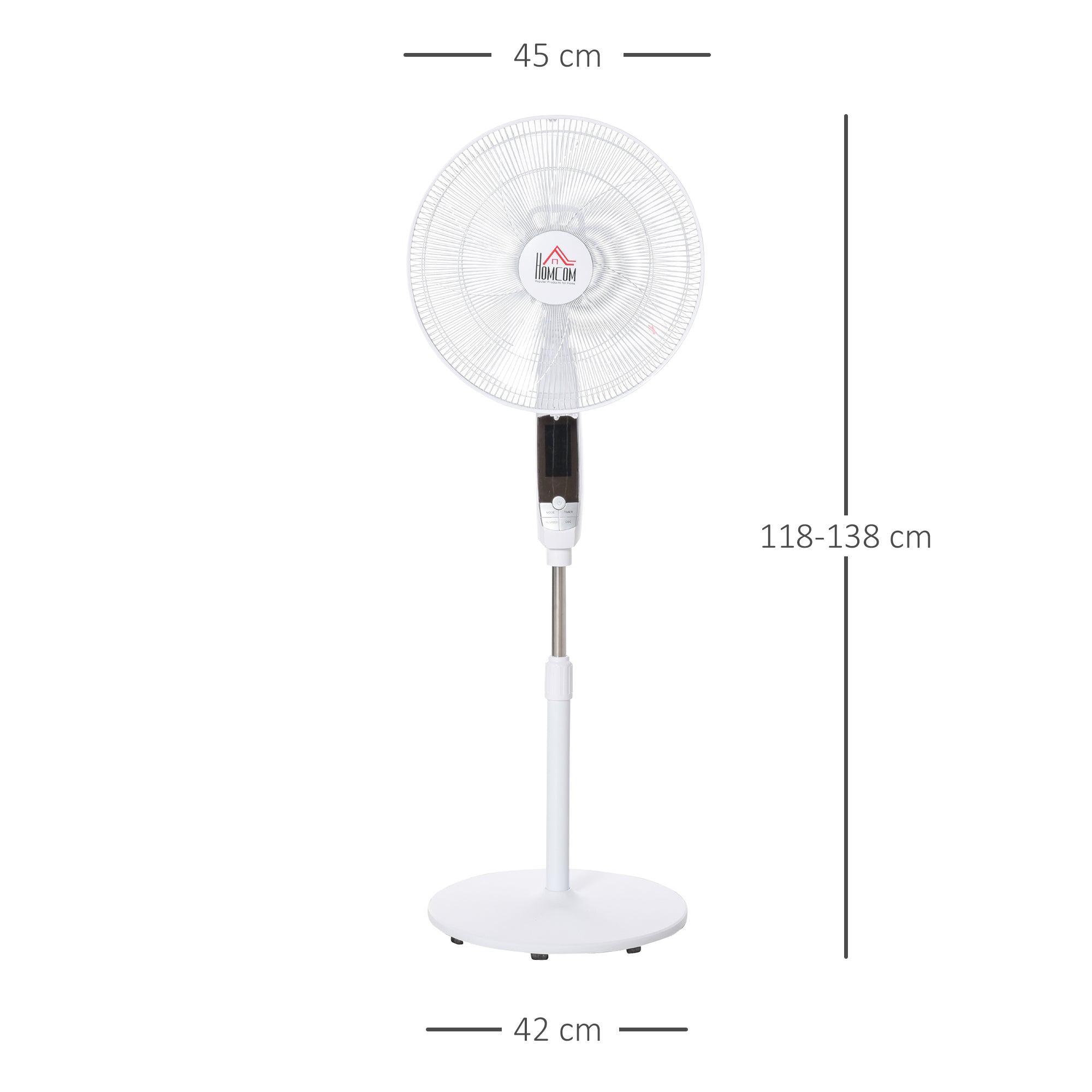 Standing Fan 138 cm Fan with 7.5h Timer remote control adjustable height Fan with LED Display 3 Speeds Steel White