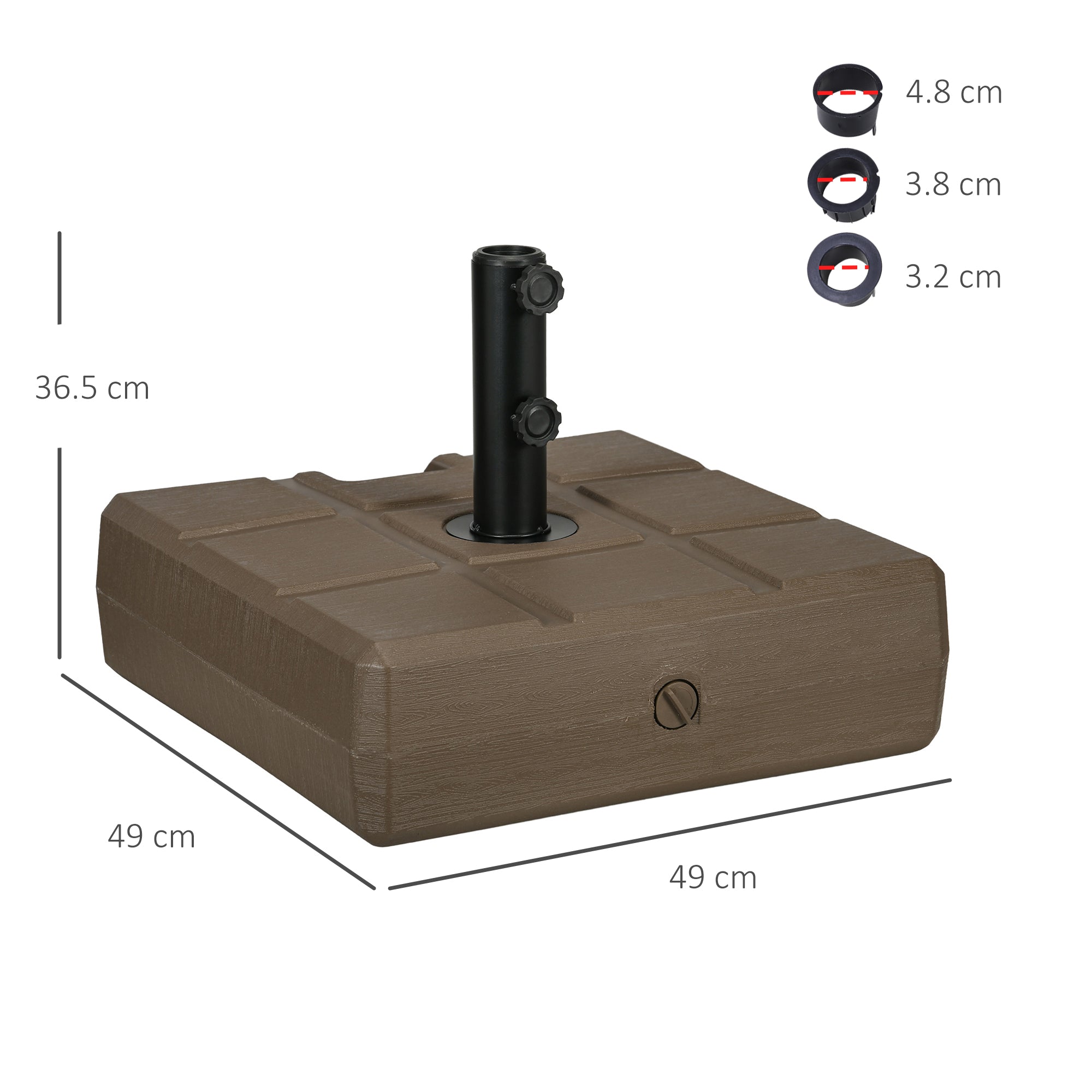 Fillable Garden Umbrella Base with Built-in Handle and Side Spout, HDPE Umbrella Stand, for Umbrella Poles of Ø28/38/48 mm, 49x49x36.5 cm, Brown