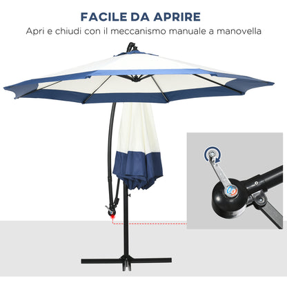 Garden Umbrella Ø3x2 m with Cross Base, Crank Opening, and Air Vent, Offset Patio Umbrella in Metal and Polyester, Dark Blue and Cream