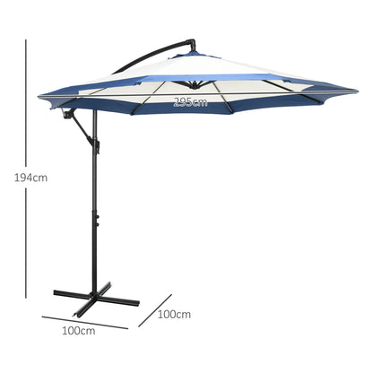Garden Umbrella Ø3x2 m with Cross Base, Crank Opening, and Air Vent, Offset Patio Umbrella in Metal and Polyester, Dark Blue and Cream