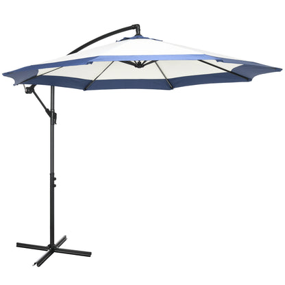 Garden Umbrella Ø3x2 m with Cross Base, Crank Opening, and Air Vent, Offset Patio Umbrella in Metal and Polyester, Dark Blue and Cream