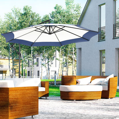 Garden Umbrella Ø3x2 m with Cross Base, Crank Opening, and Air Vent, Offset Patio Umbrella in Metal and Polyester, Dark Blue and Cream