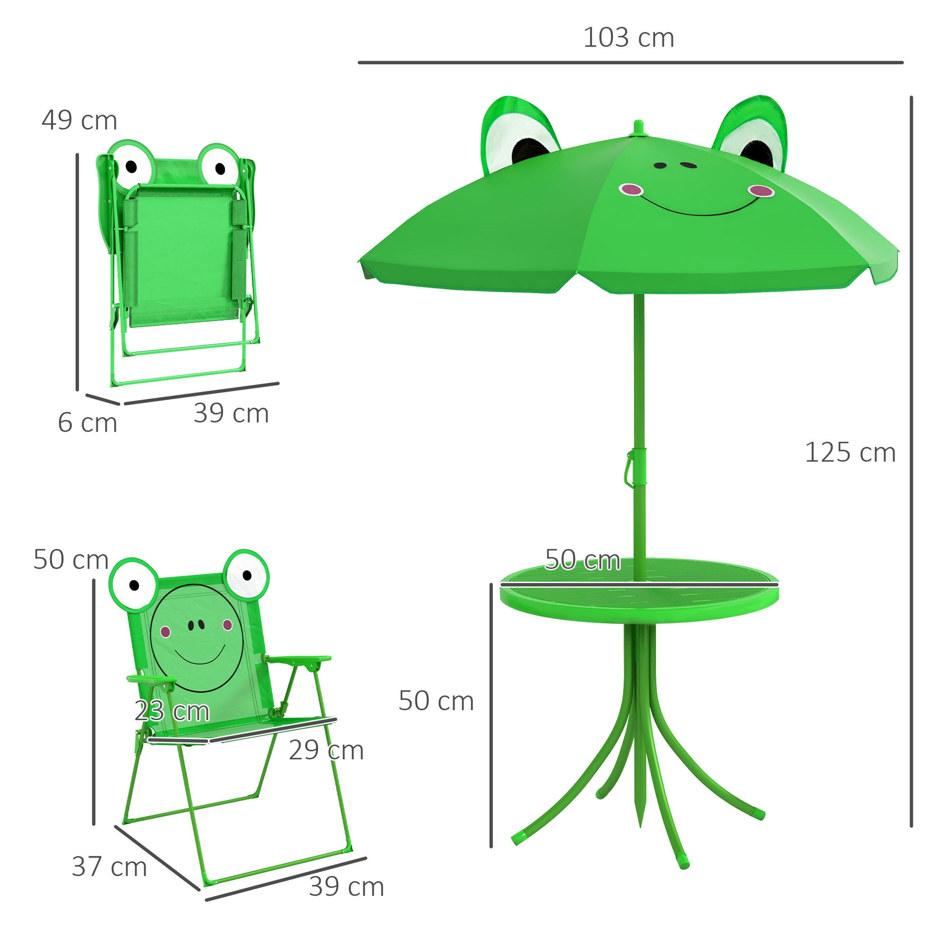 Children's Garden Table and Chairs Set Picnic Foldable Set for Kids Table with Adjustable Umbrella 100-125 cm Frog Design Green