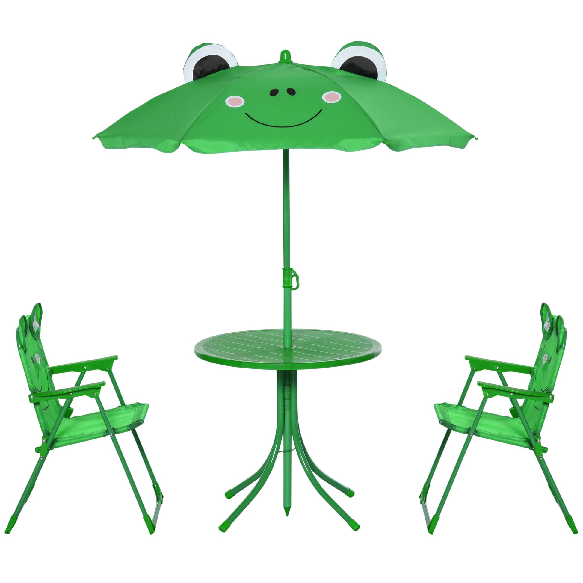 Children's Garden Table and Chairs Set Picnic Foldable Set for Kids Table with Adjustable Umbrella 100-125 cm Frog Design Green