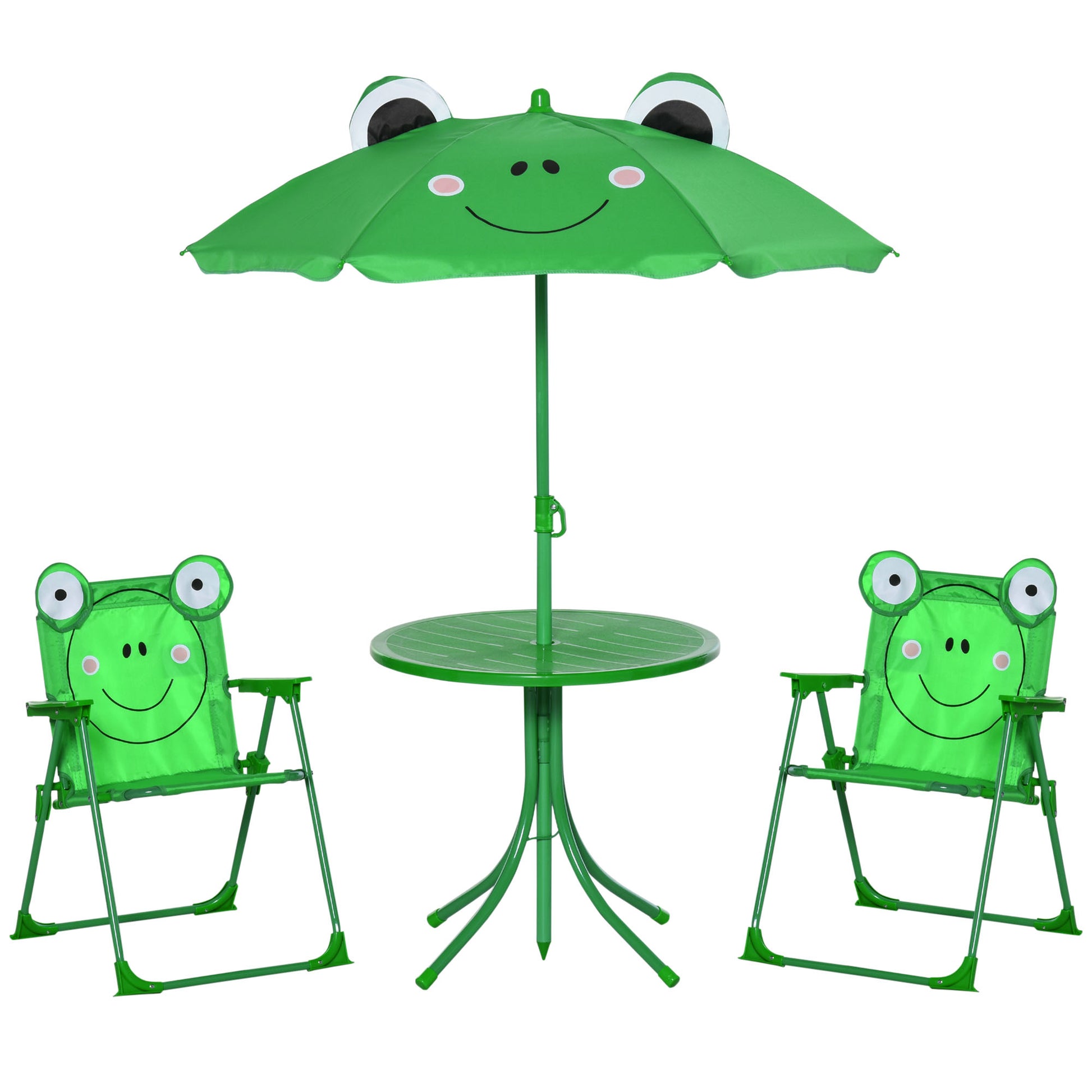 Children's Garden Table and Chairs Set Picnic Foldable Set for Kids Table with Adjustable Umbrella 100-125 cm Frog Design Green