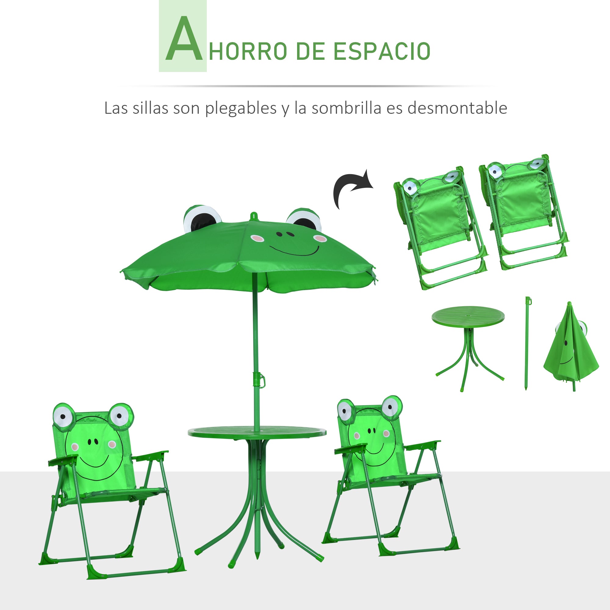 Children's Garden Table and Chairs Set Picnic Foldable Set for Kids Table with Adjustable Umbrella 100-125 cm Frog Design Green