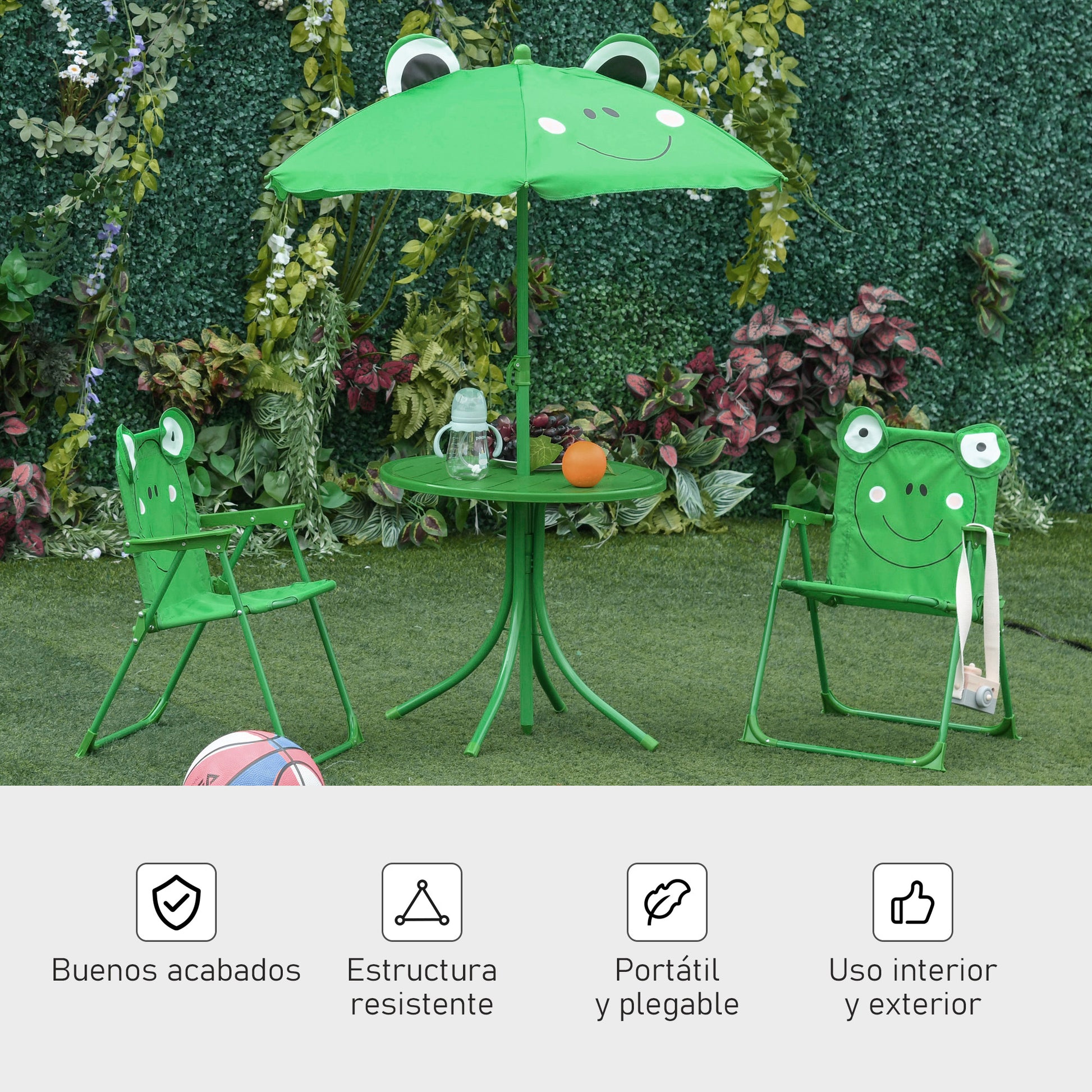 Children's Garden Table and Chairs Set Picnic Foldable Set for Kids Table with Adjustable Umbrella 100-125 cm Frog Design Green