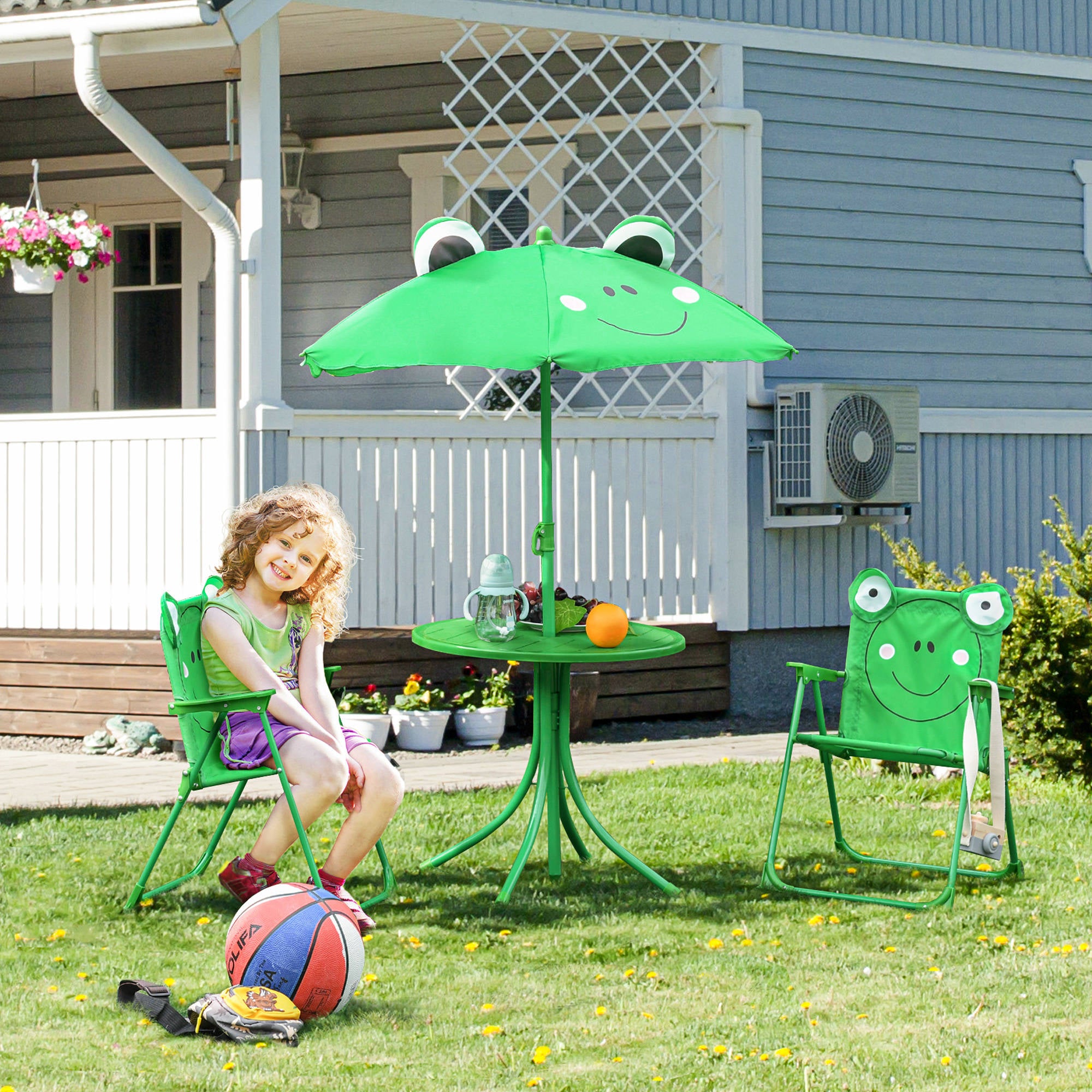Children's Garden Table and Chairs Set Picnic Foldable Set for Kids Table with Adjustable Umbrella 100-125 cm Frog Design Green
