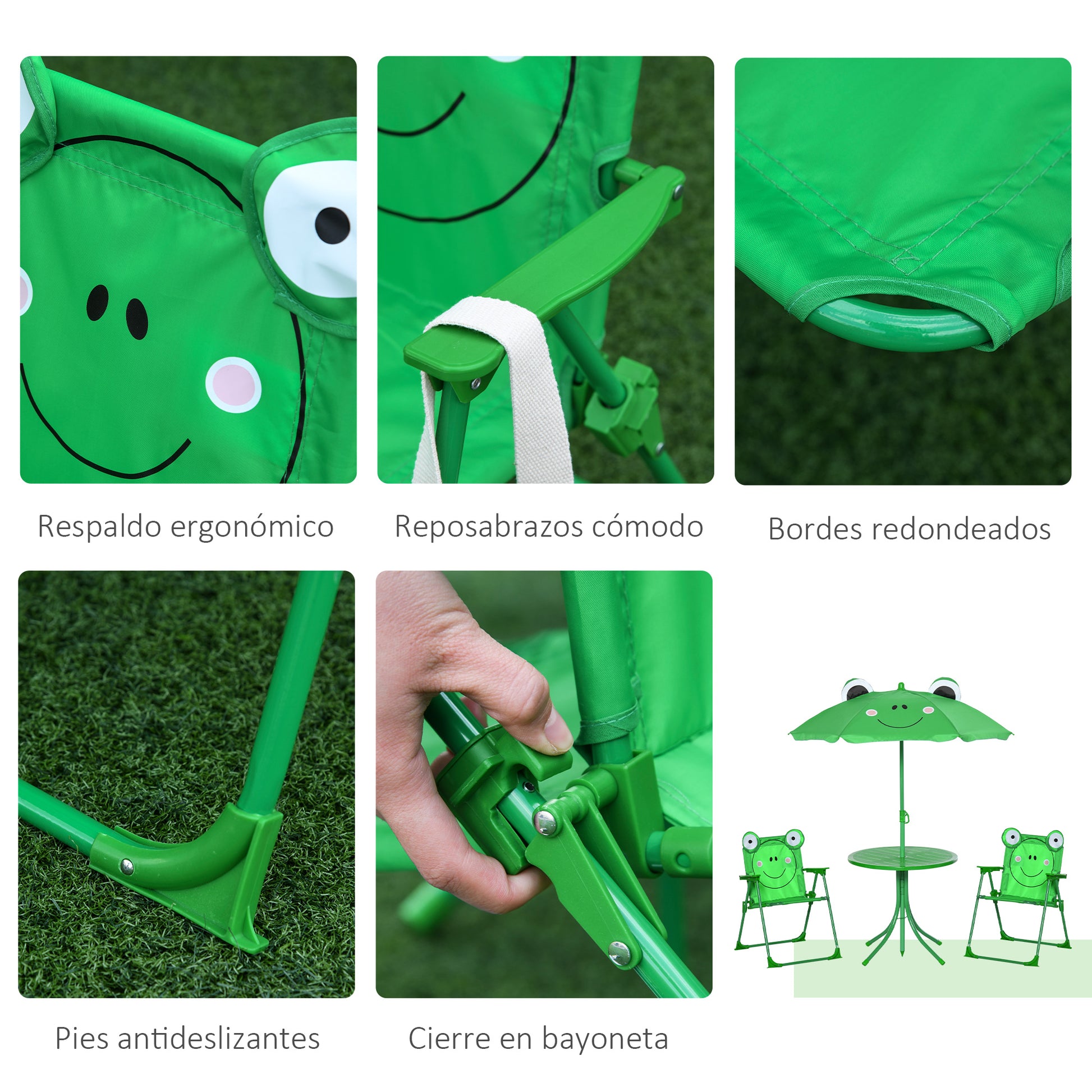 Children's Garden Table and Chairs Set Picnic Foldable Set for Kids Table with Adjustable Umbrella 100-125 cm Frog Design Green
