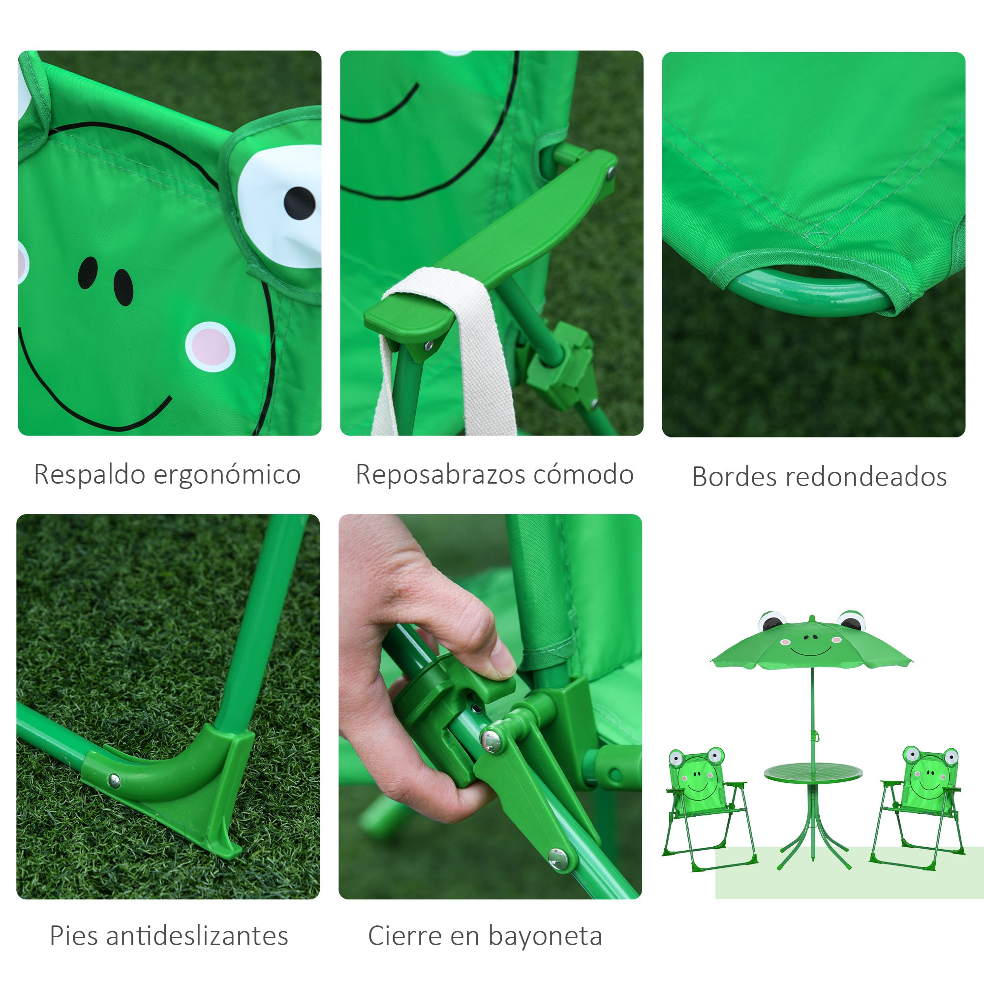 Children's Garden Table and Chairs Set Picnic Foldable Set for Kids Table with Adjustable Umbrella 100-125 cm Frog Design Green