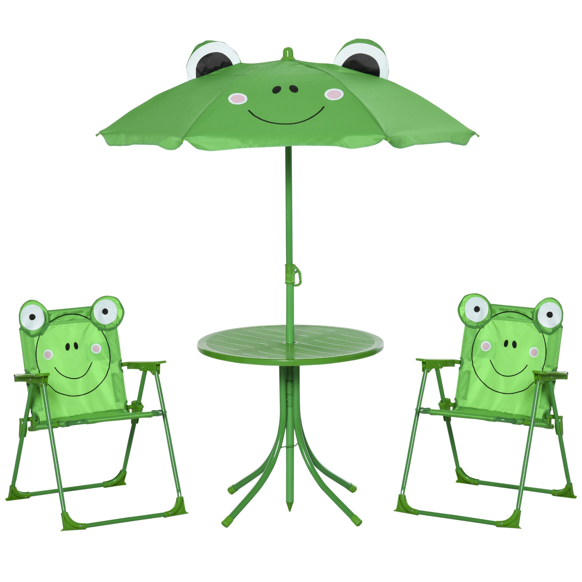 Children's Garden Table and Chairs Set Picnic Foldable Set for Kids Table with Adjustable Umbrella 100-125 cm Frog Design Green